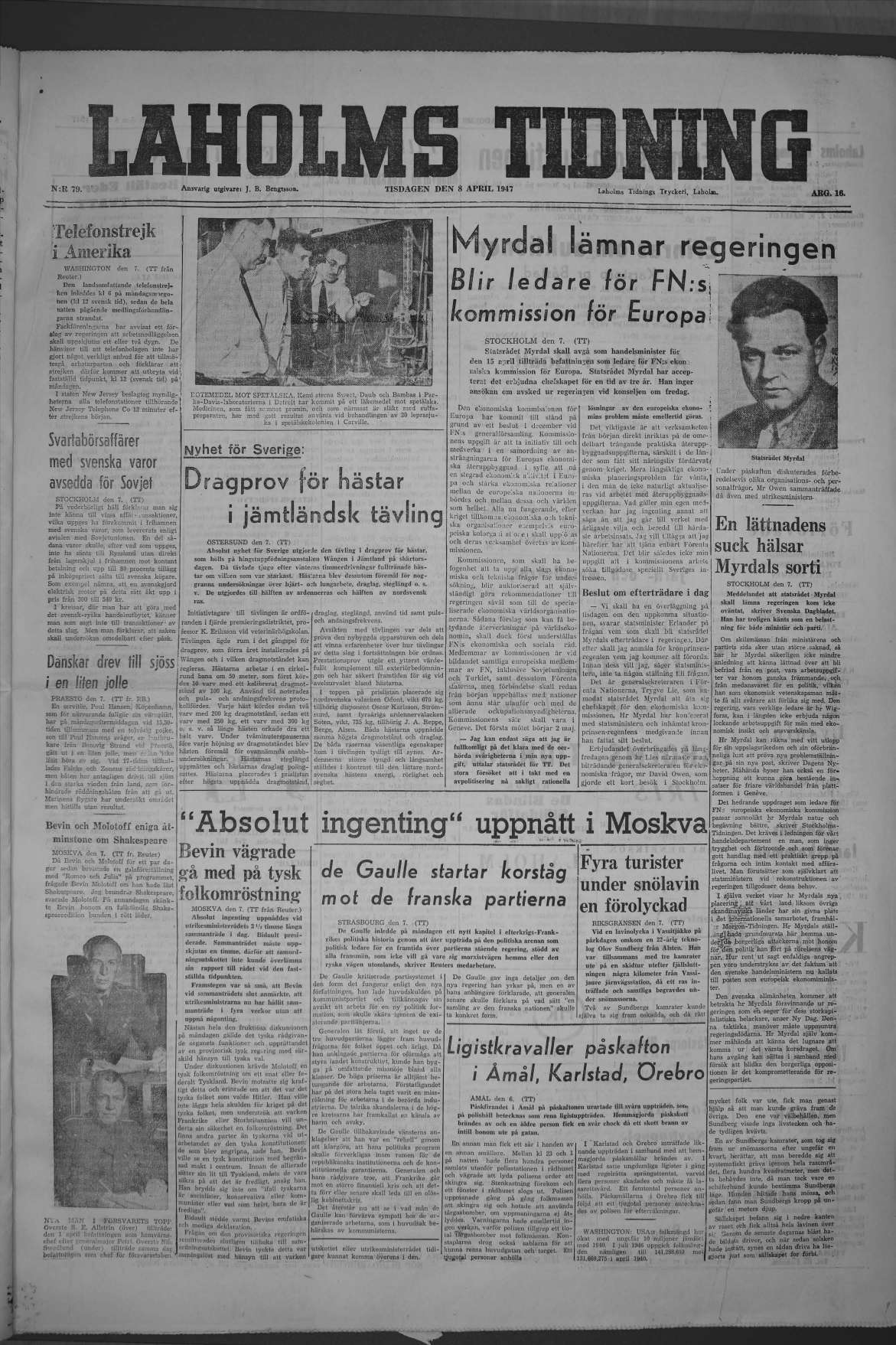 Laholms Tidning Tisdag 8 april 1947, sida 1