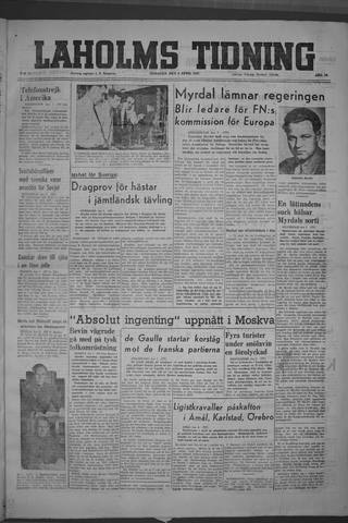 Förstasidan, Tisdag 8 april 1947