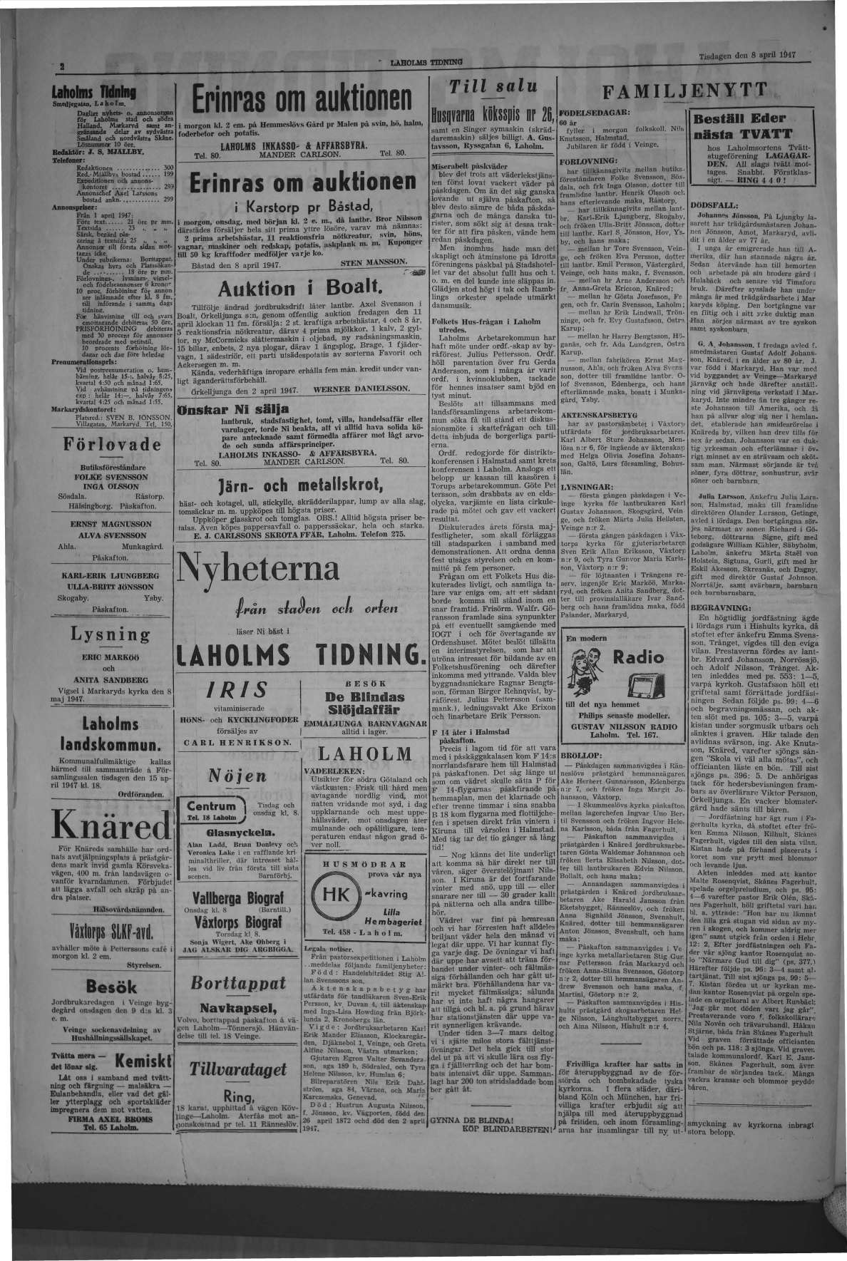 Laholms Tidning Tisdag 8 april 1947, sida 2