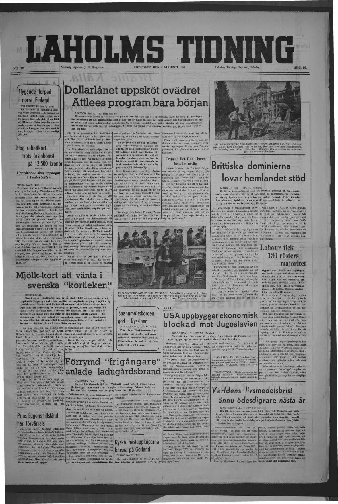 Laholms Tidning Fredag 8 augusti 1947, sida 1