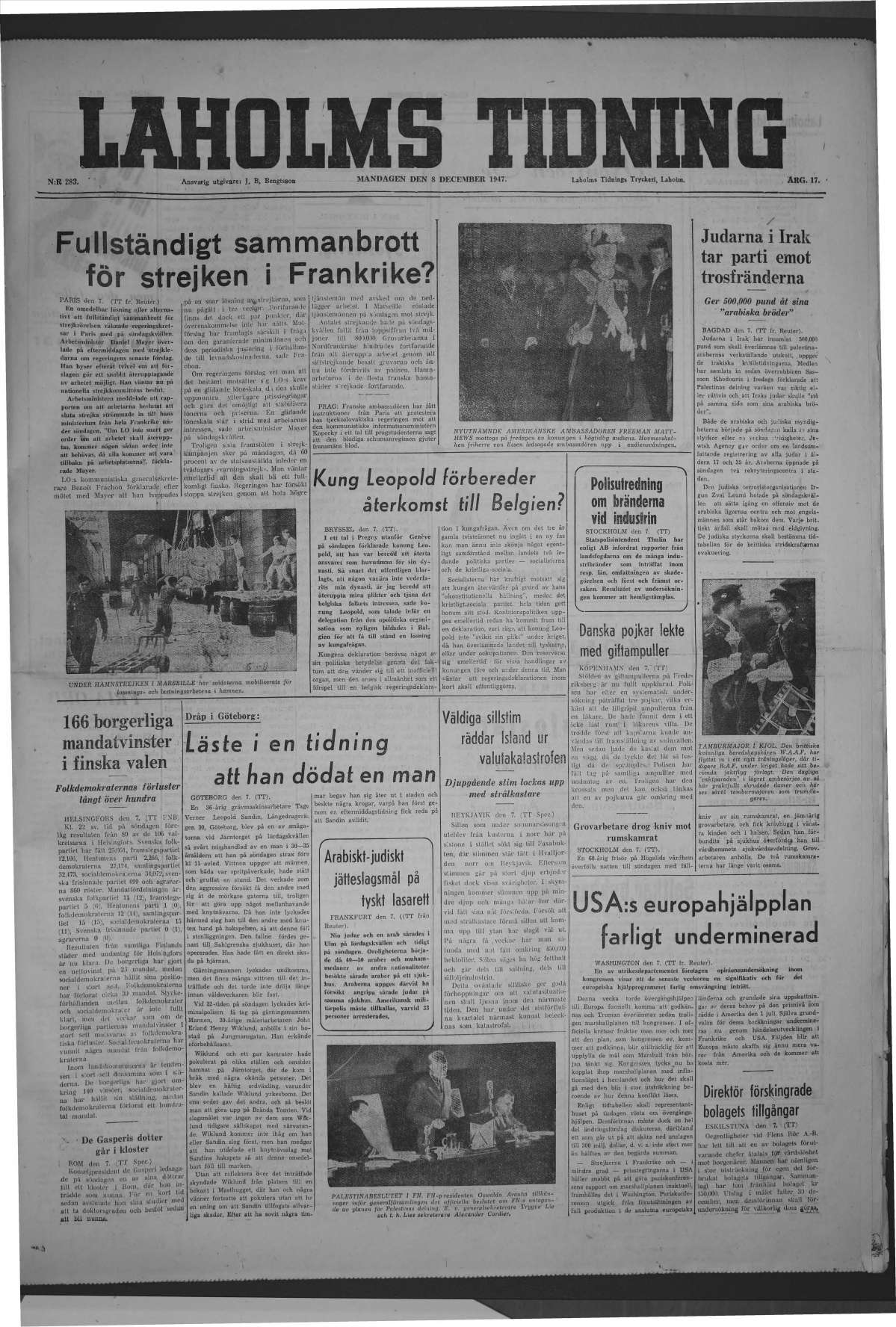 Laholms Tidning Måndag 8 december 1947, sida 1