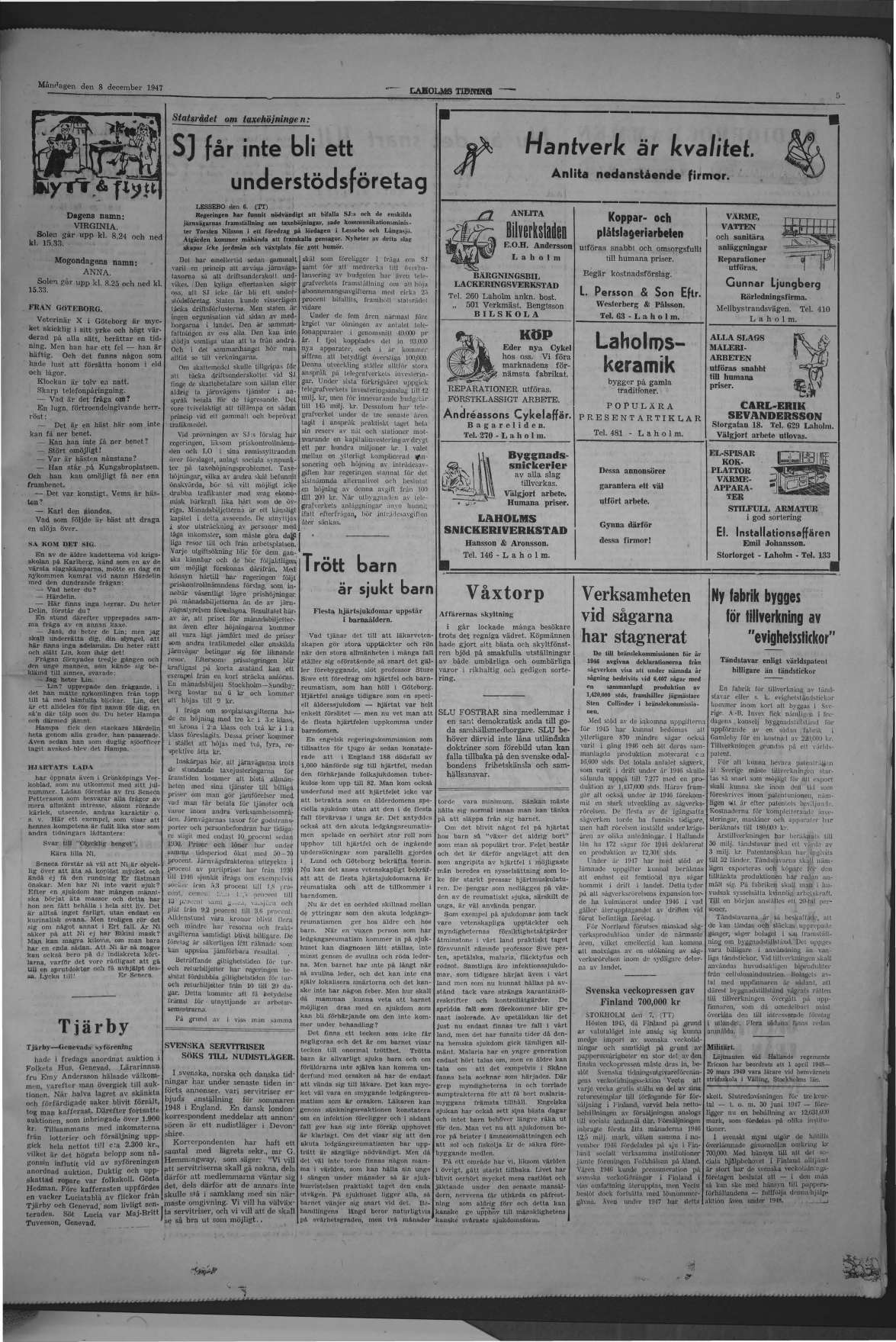 Laholms Tidning Måndag 8 december 1947, sida 5