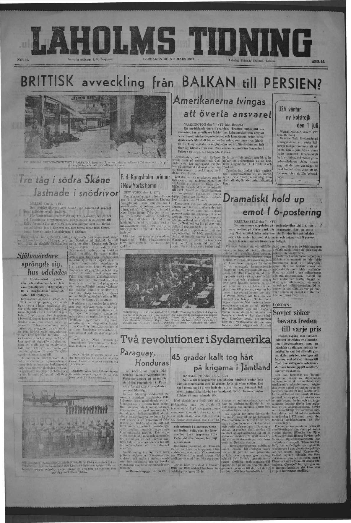Laholms Tidning Lördag 8 mars 1947, sida 1