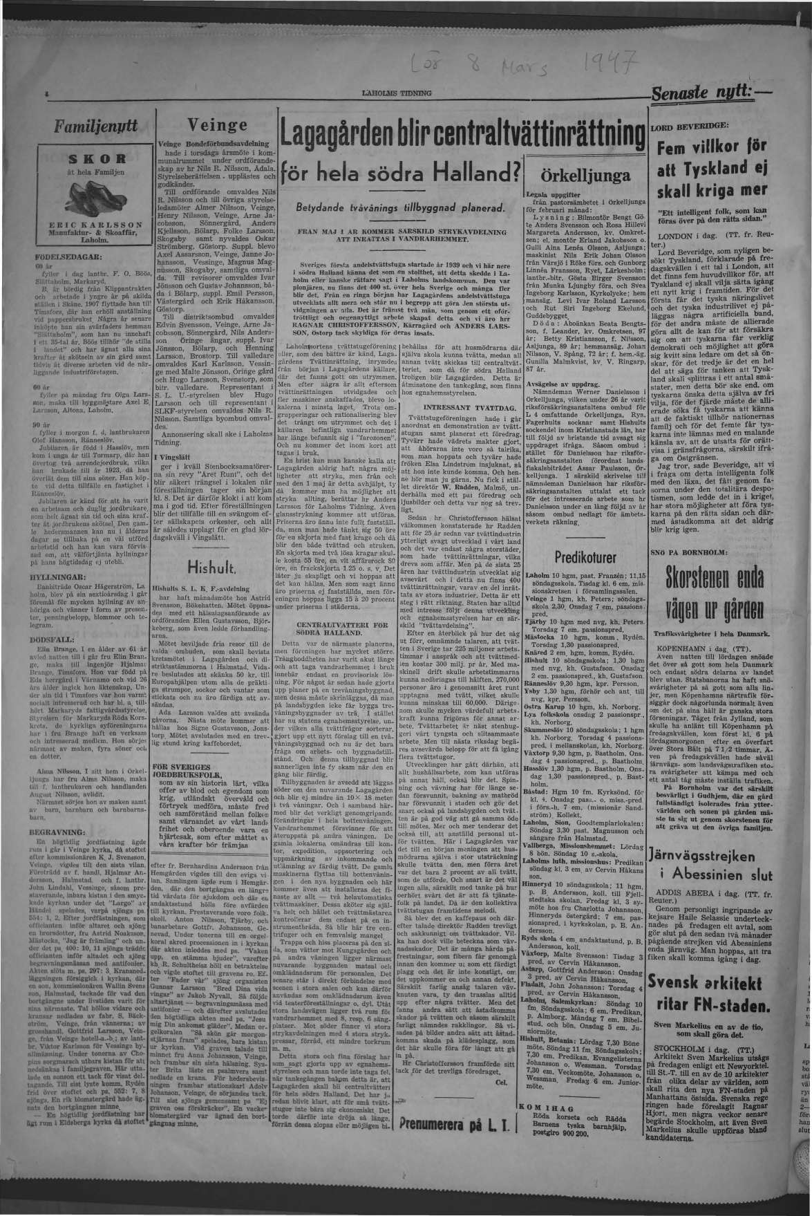 Laholms Tidning Lördag 8 mars 1947, sida 4