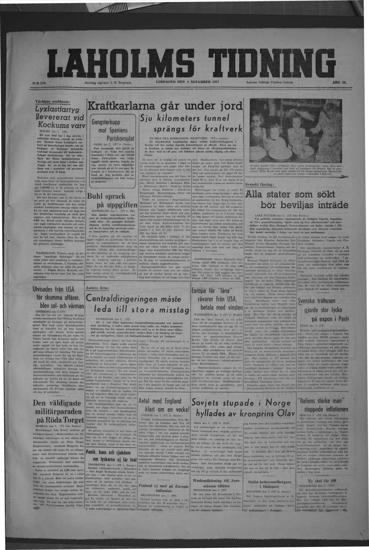 Laholms Tidning Lördag 8 november 1947, sida 1