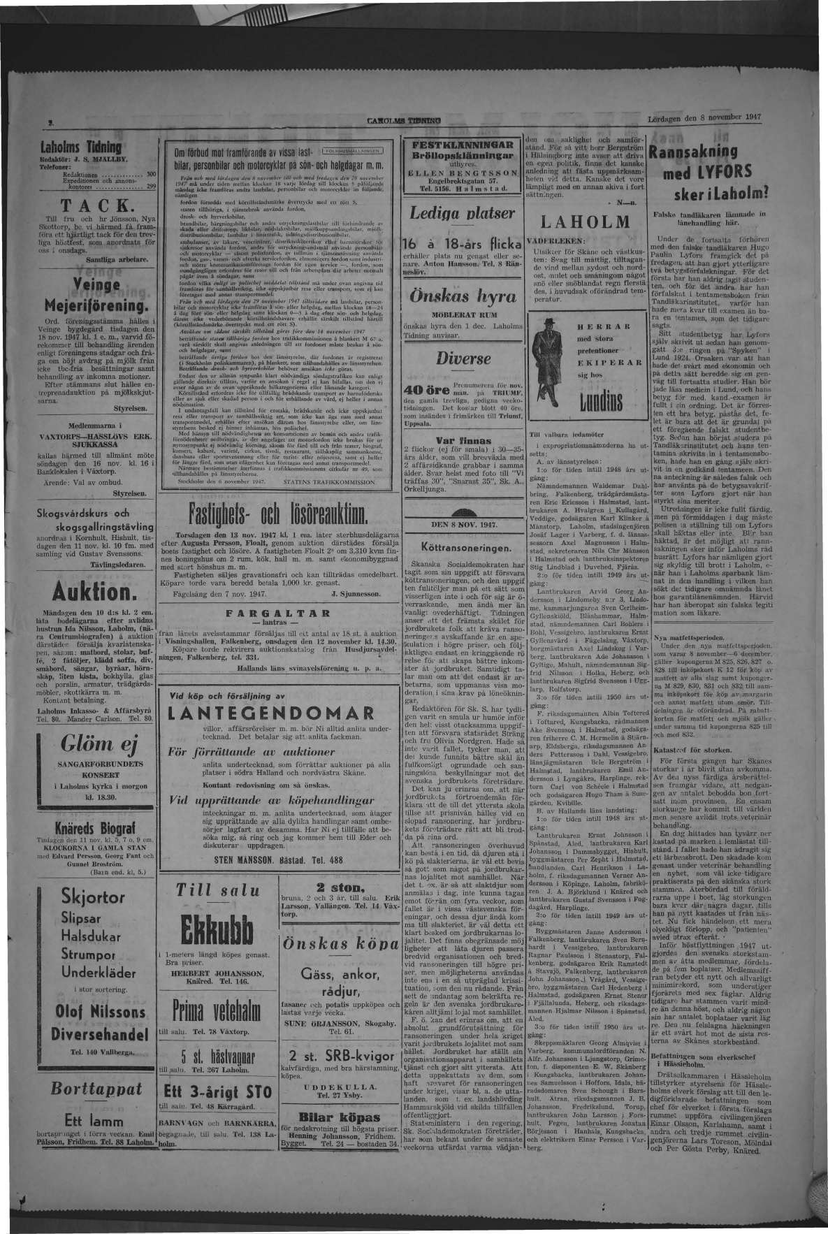 Laholms Tidning Lördag 8 november 1947, sida 2