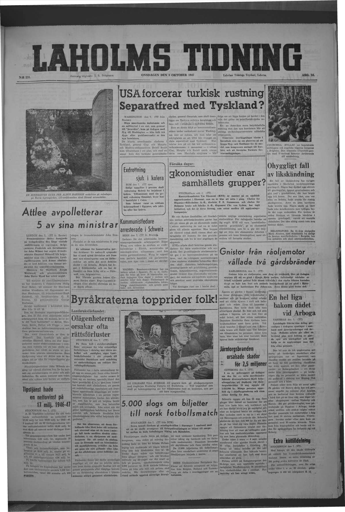 Laholms Tidning Onsdag 8 oktober 1947, sida 1