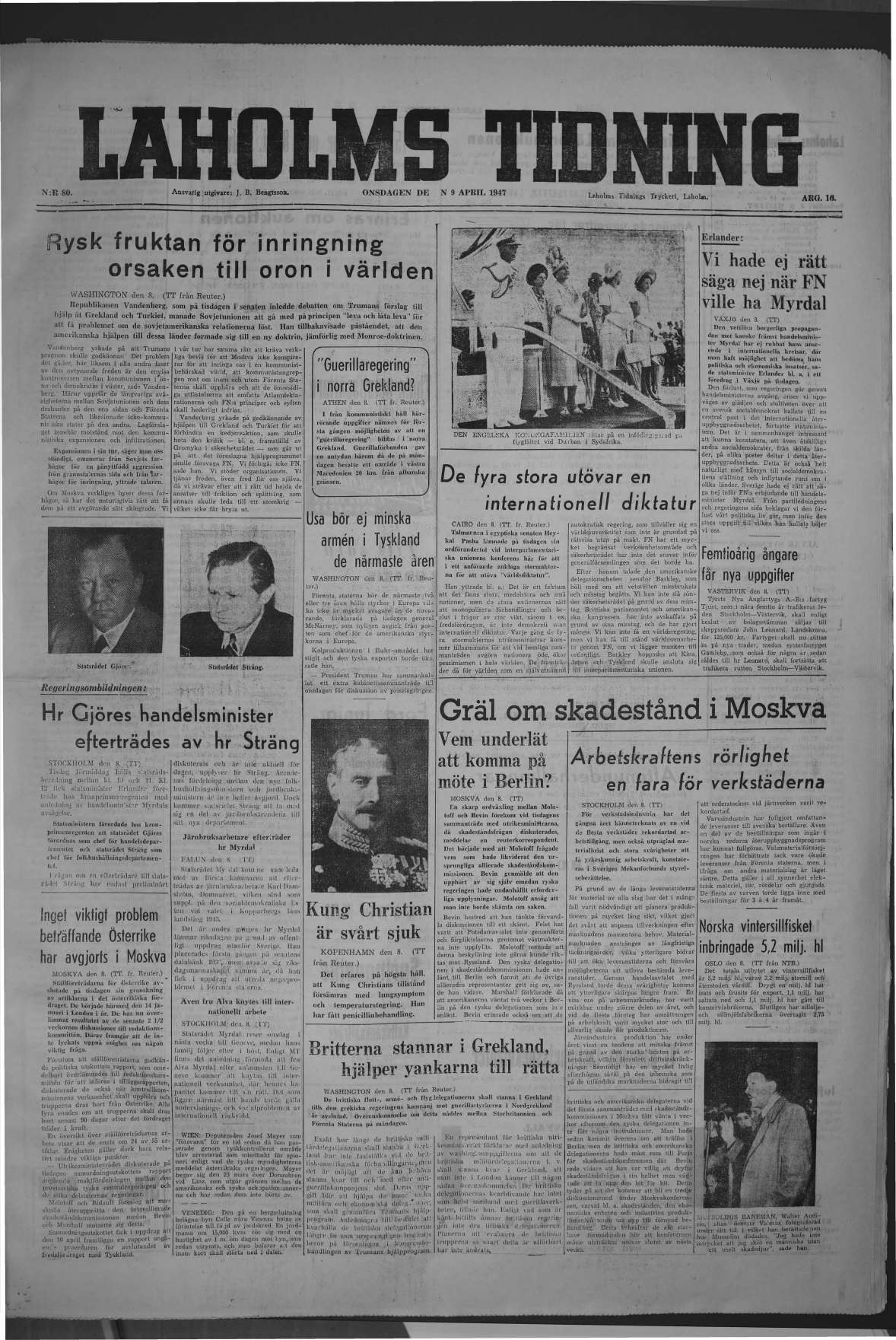 Laholms Tidning Onsdag 9 april 1947, sida 1