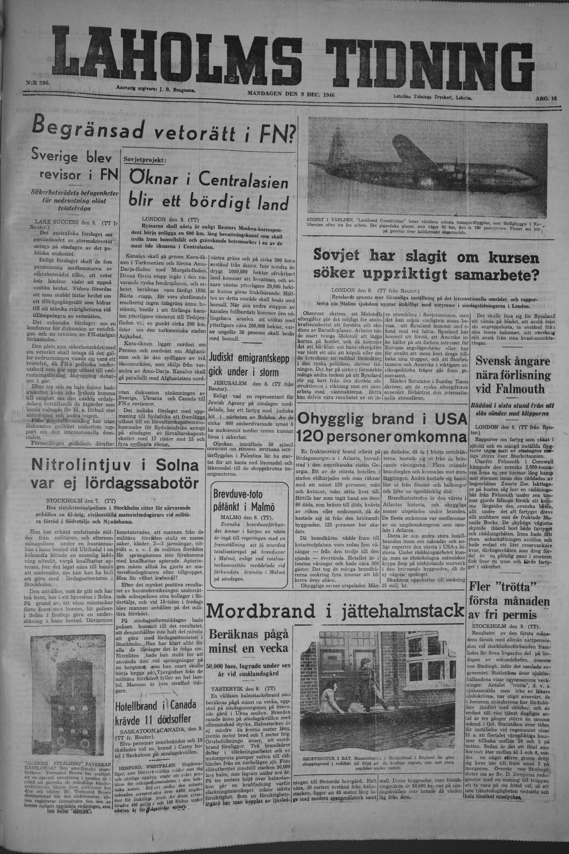 Laholms Tidning Måndag 9 december 1946, sida 1
