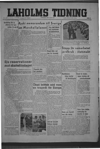Förstasidan, Onsdag 9 juli 1947