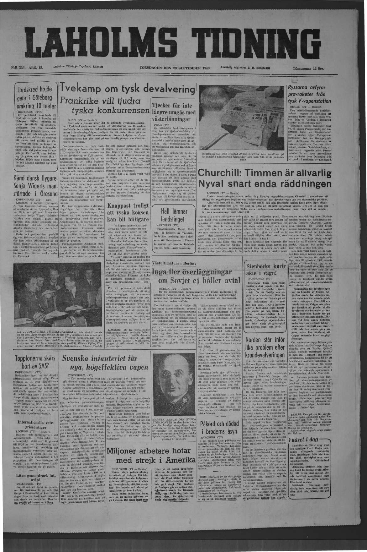 Laholms Tidning Torsdag 29 september 1949, sida 1