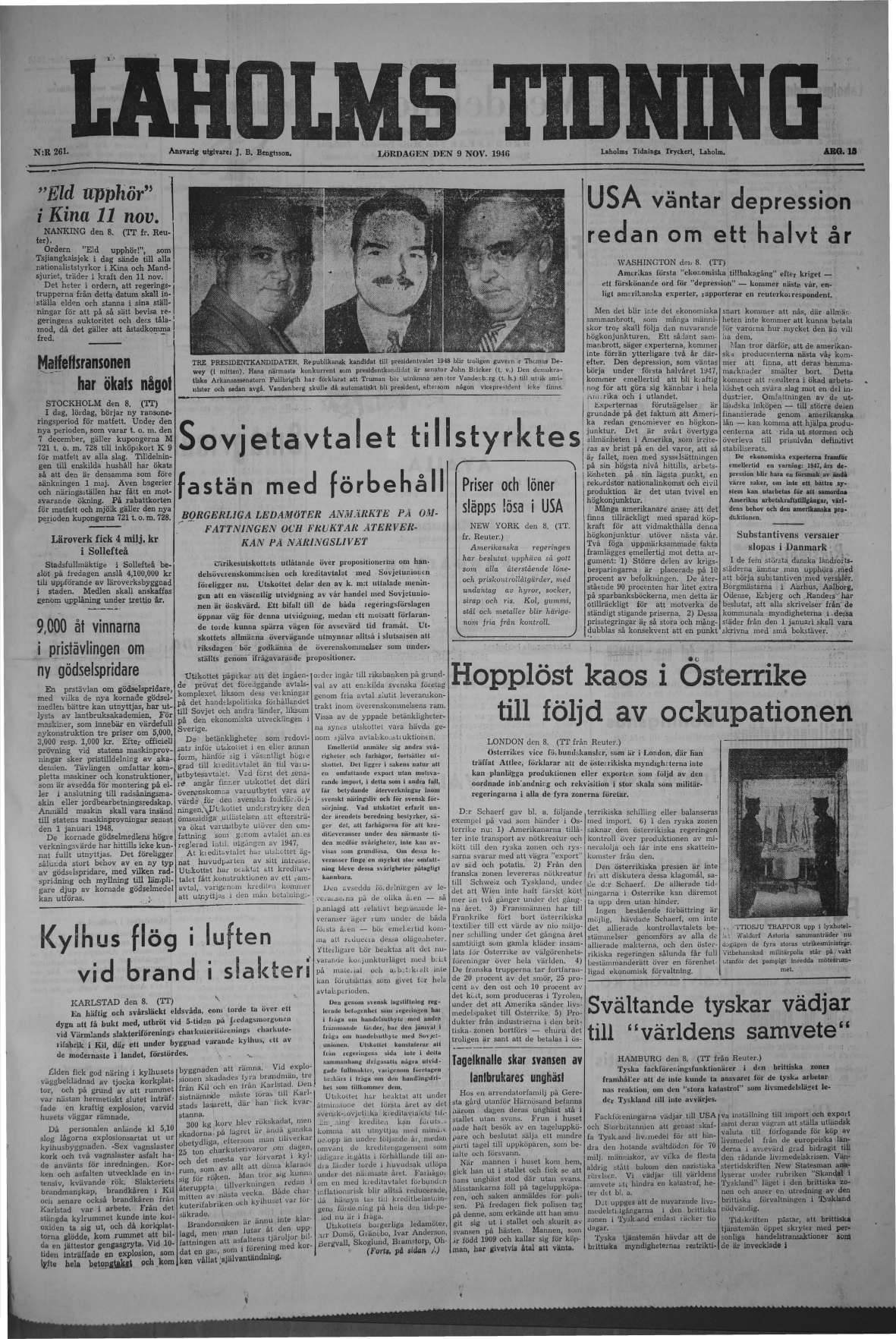 Laholms Tidning Lördag 9 november 1946, sida 1
