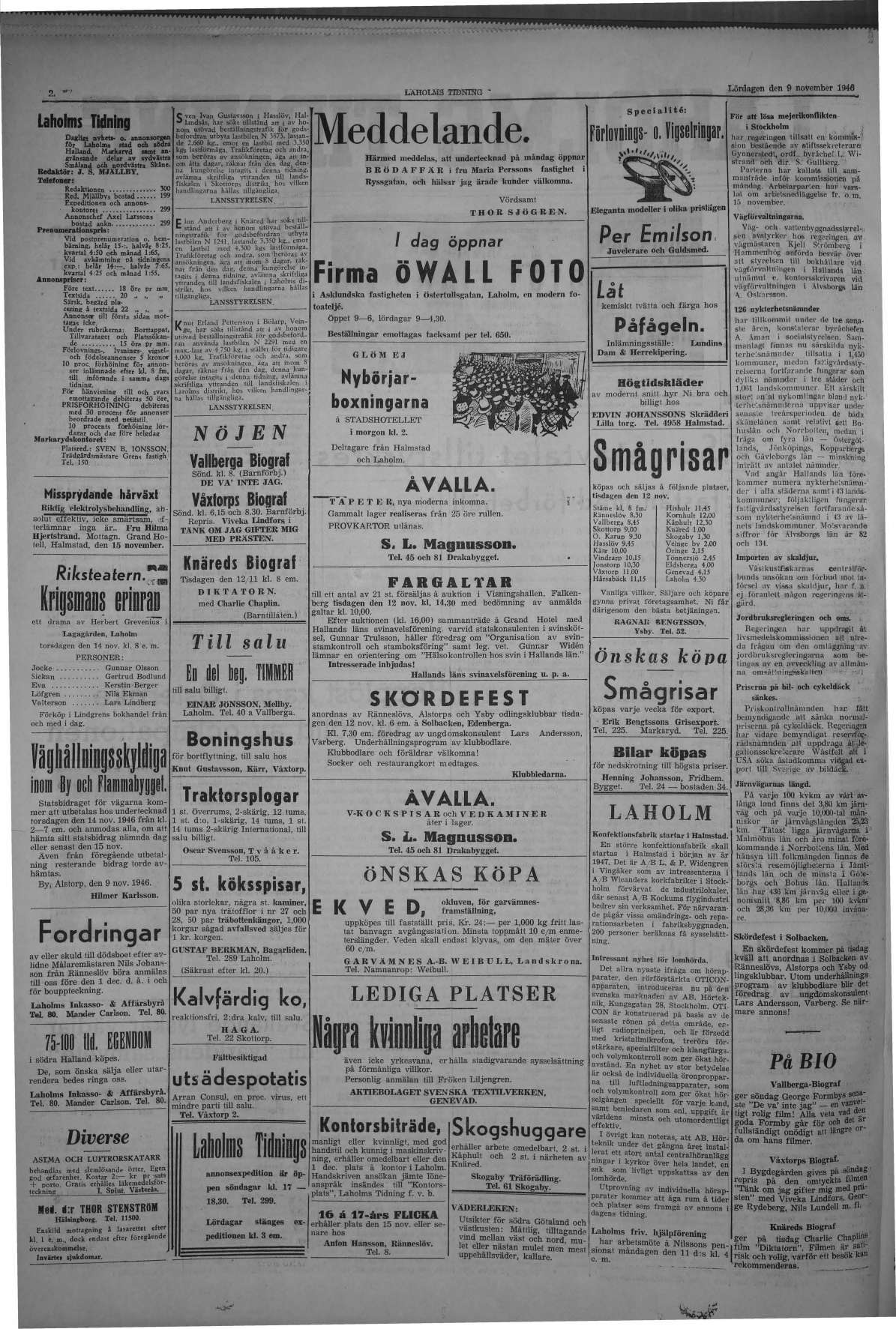 Laholms Tidning Lördag 9 november 1946, sida 2