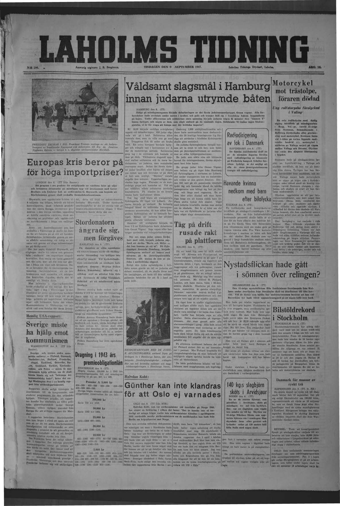 Laholms Tidning Tisdag 9 september 1947, sida 1