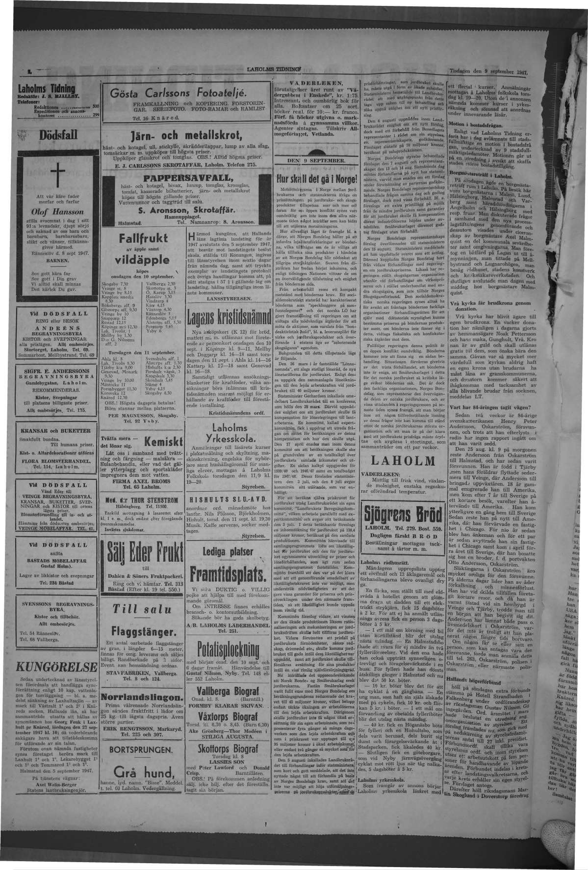 Laholms Tidning Tisdag 9 september 1947, sida 2