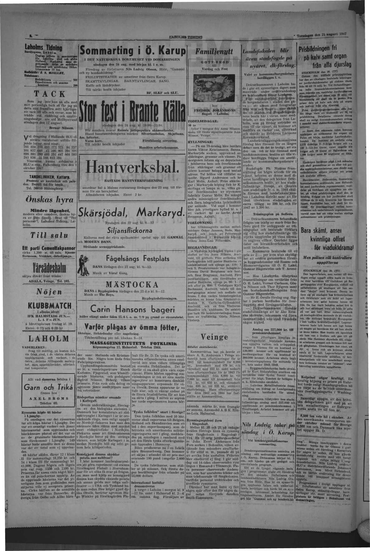 Laholms Tidning Torsdag 21 augusti 1947, sida 2