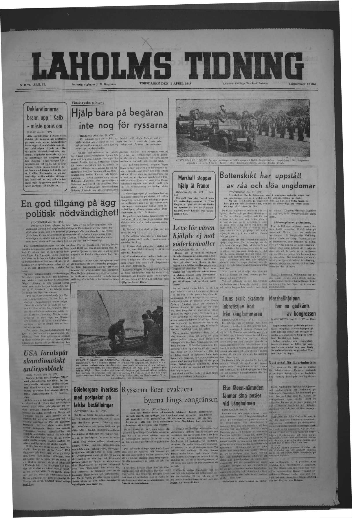 Laholms Tidning Torsdag 1 april 1948, sida 1