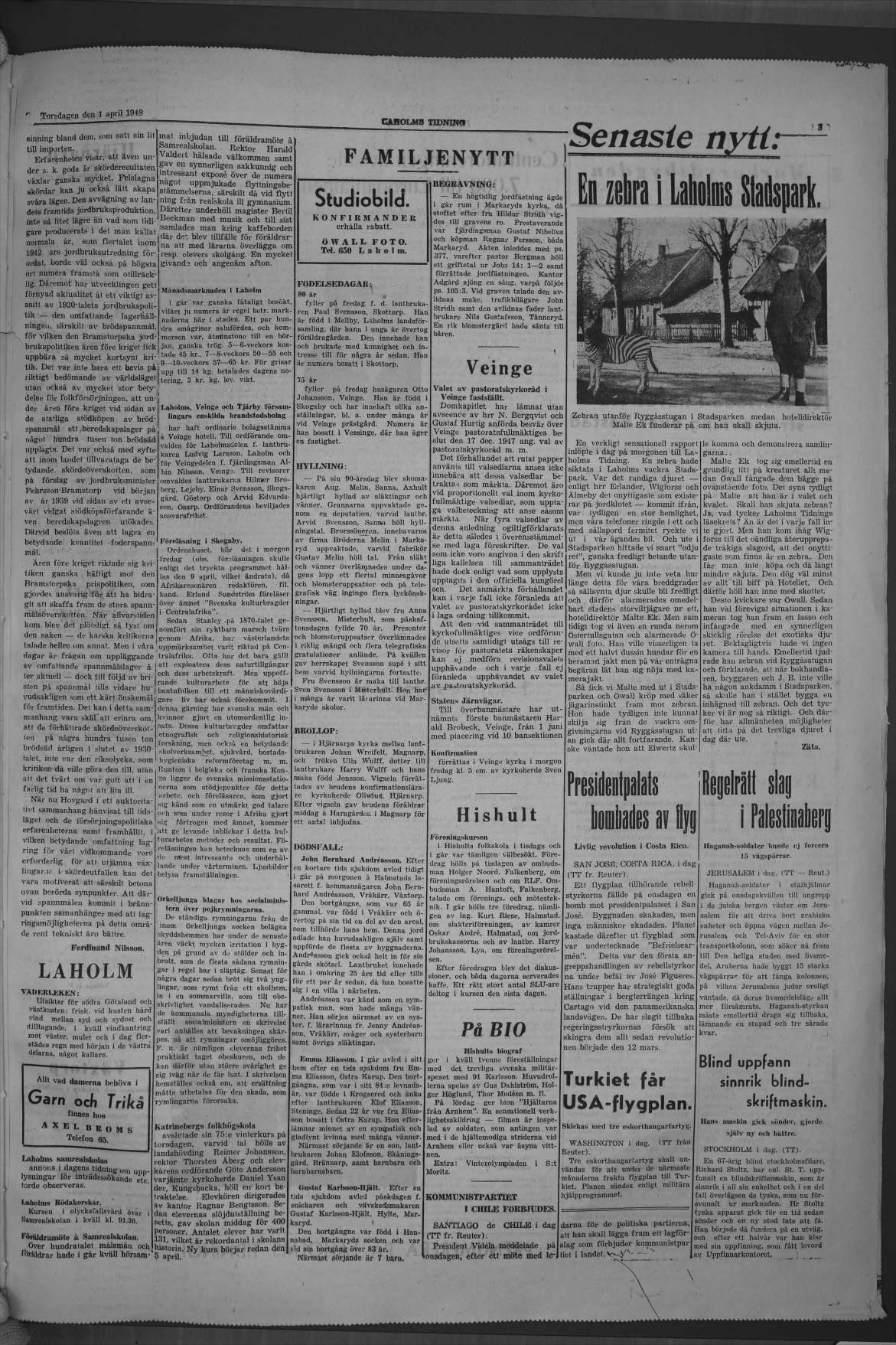 Laholms Tidning Torsdag 1 april 1948, sida 3