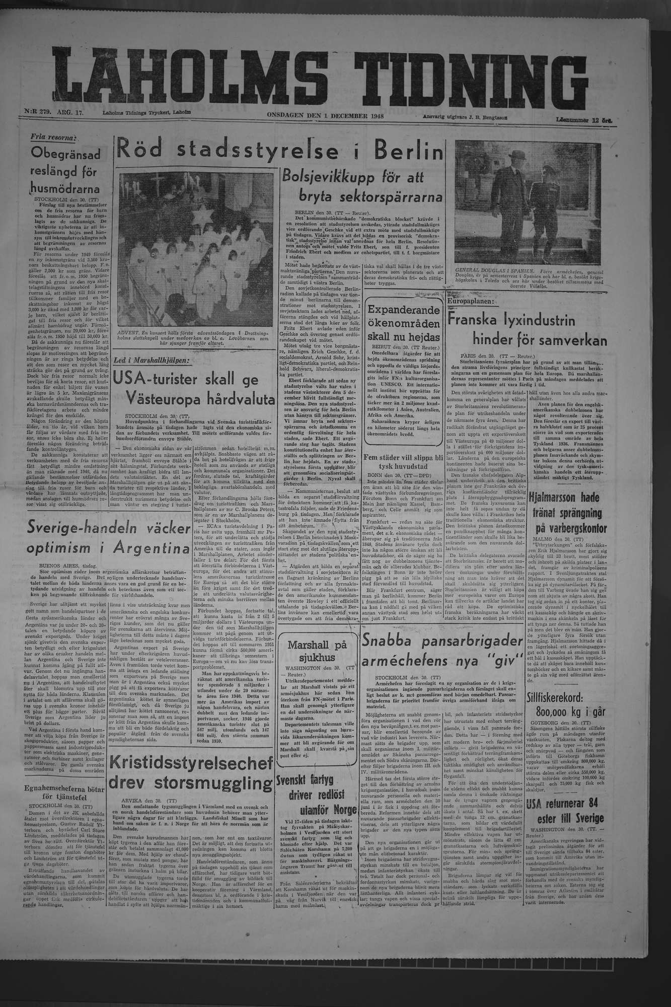 Laholms Tidning Onsdag 1 december 1948, sida 1