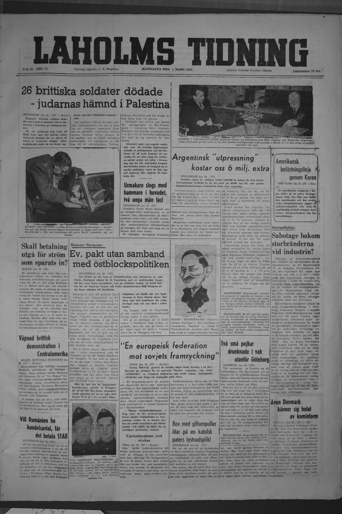 Laholms Tidning Måndag 1 mars 1948, sida 1