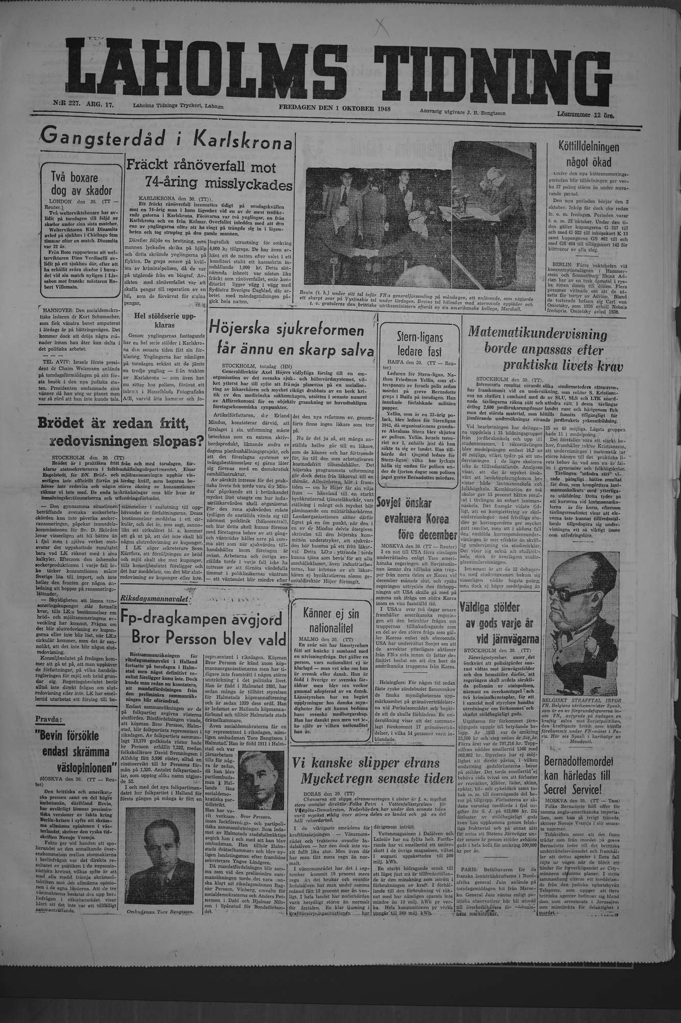 Laholms Tidning Fredag 1 oktober 1948, sida 1