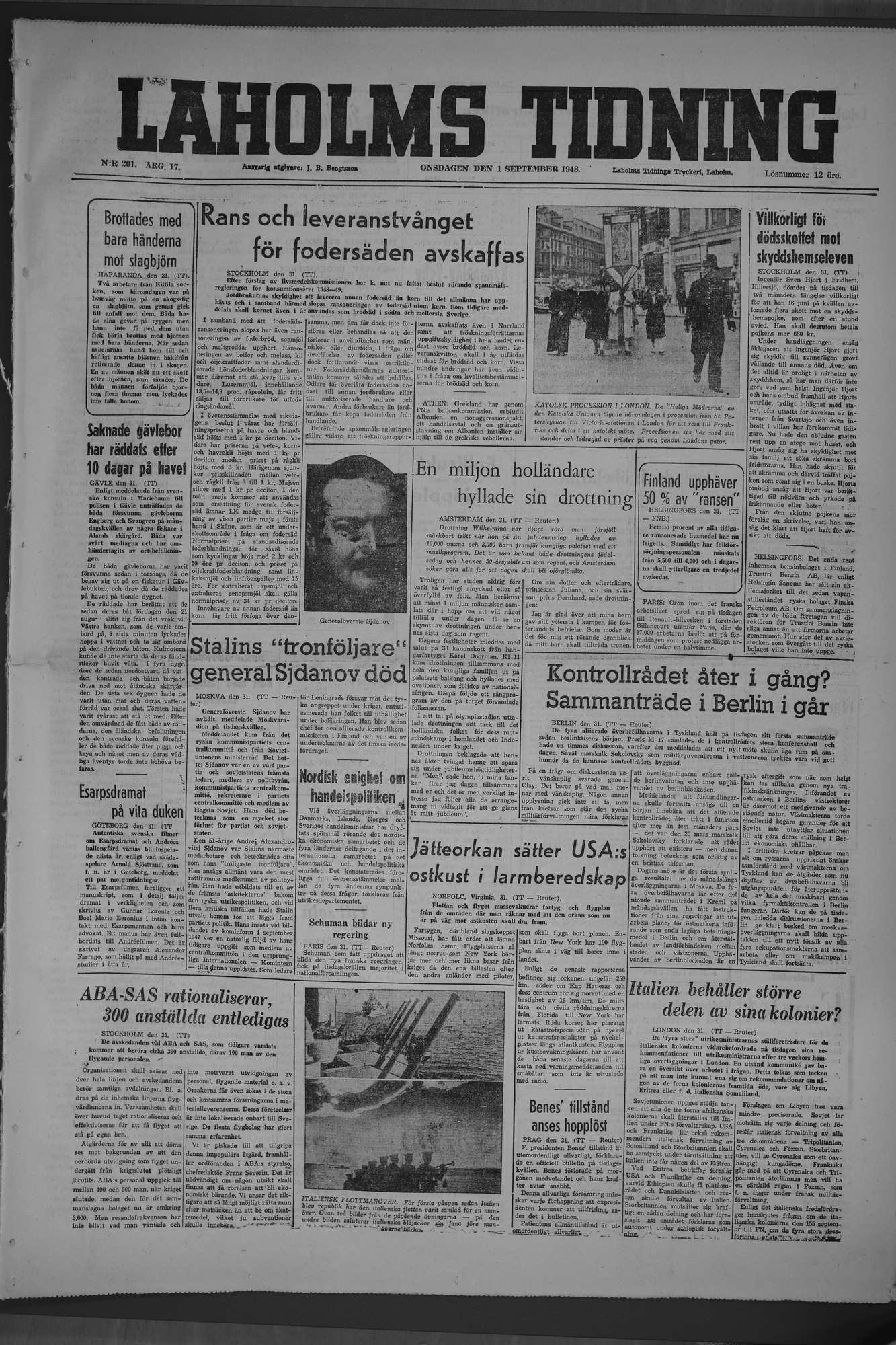 Laholms Tidning Onsdag 1 september 1948, sida 1