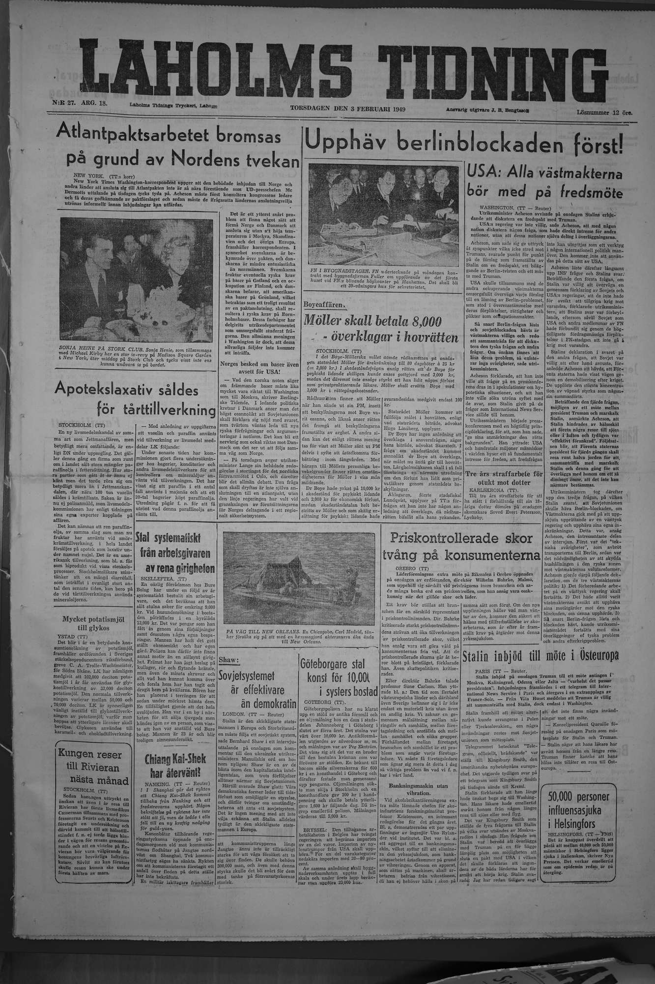 Laholms Tidning Torsdag 3 februari 1949, sida 1