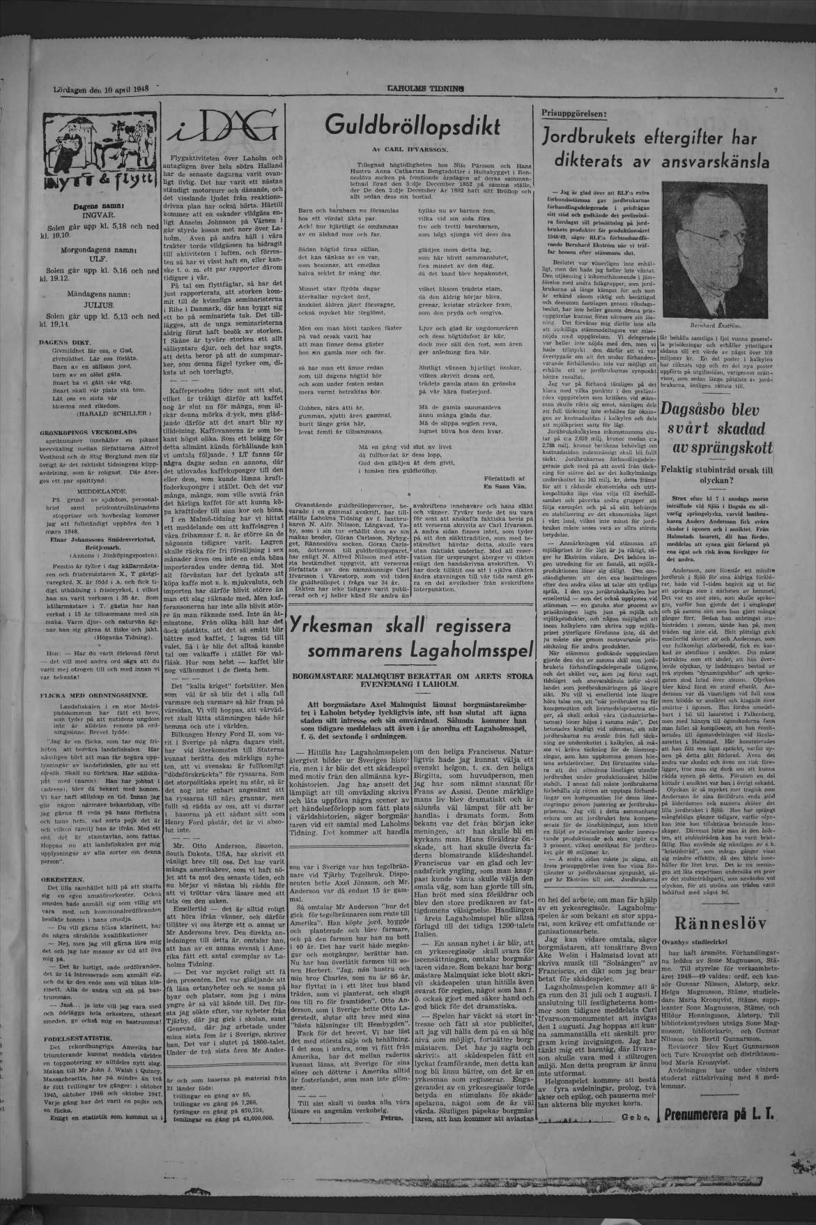 Laholms Tidning Lördag 10 april 1948, sida 7