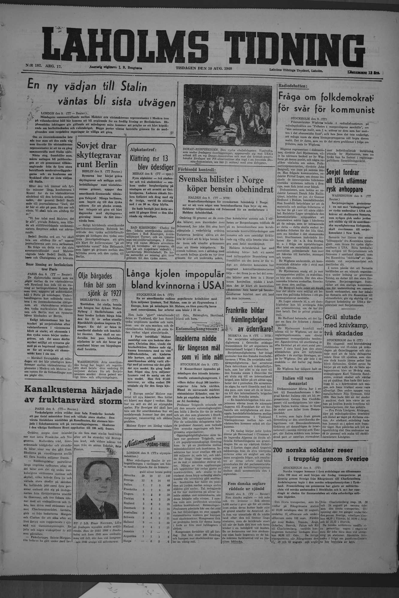 Laholms Tidning Tisdag 10 augusti 1948, sida 1