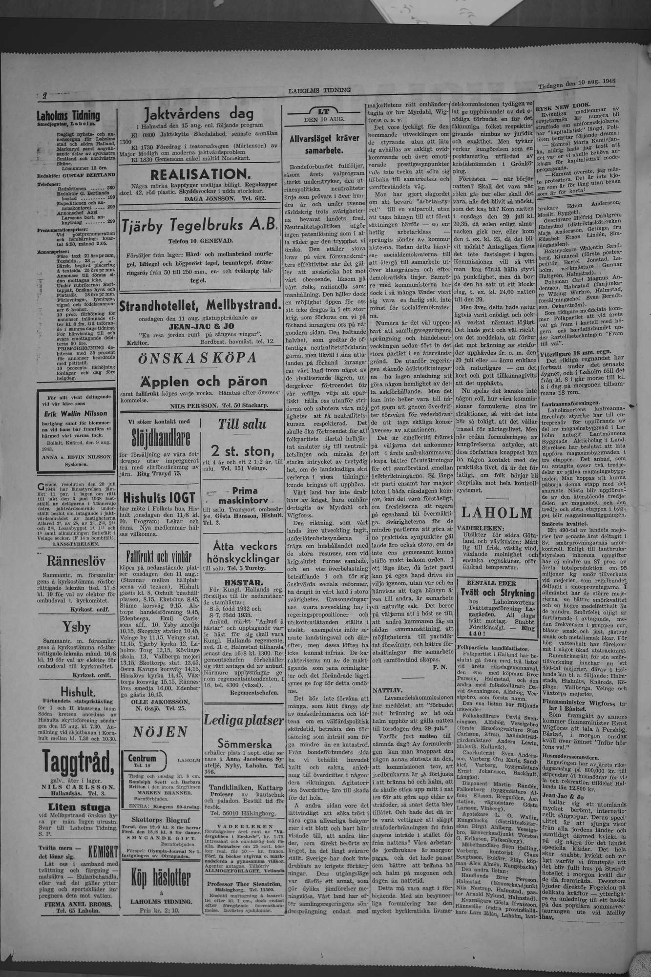 Laholms Tidning Tisdag 10 augusti 1948, sida 2
