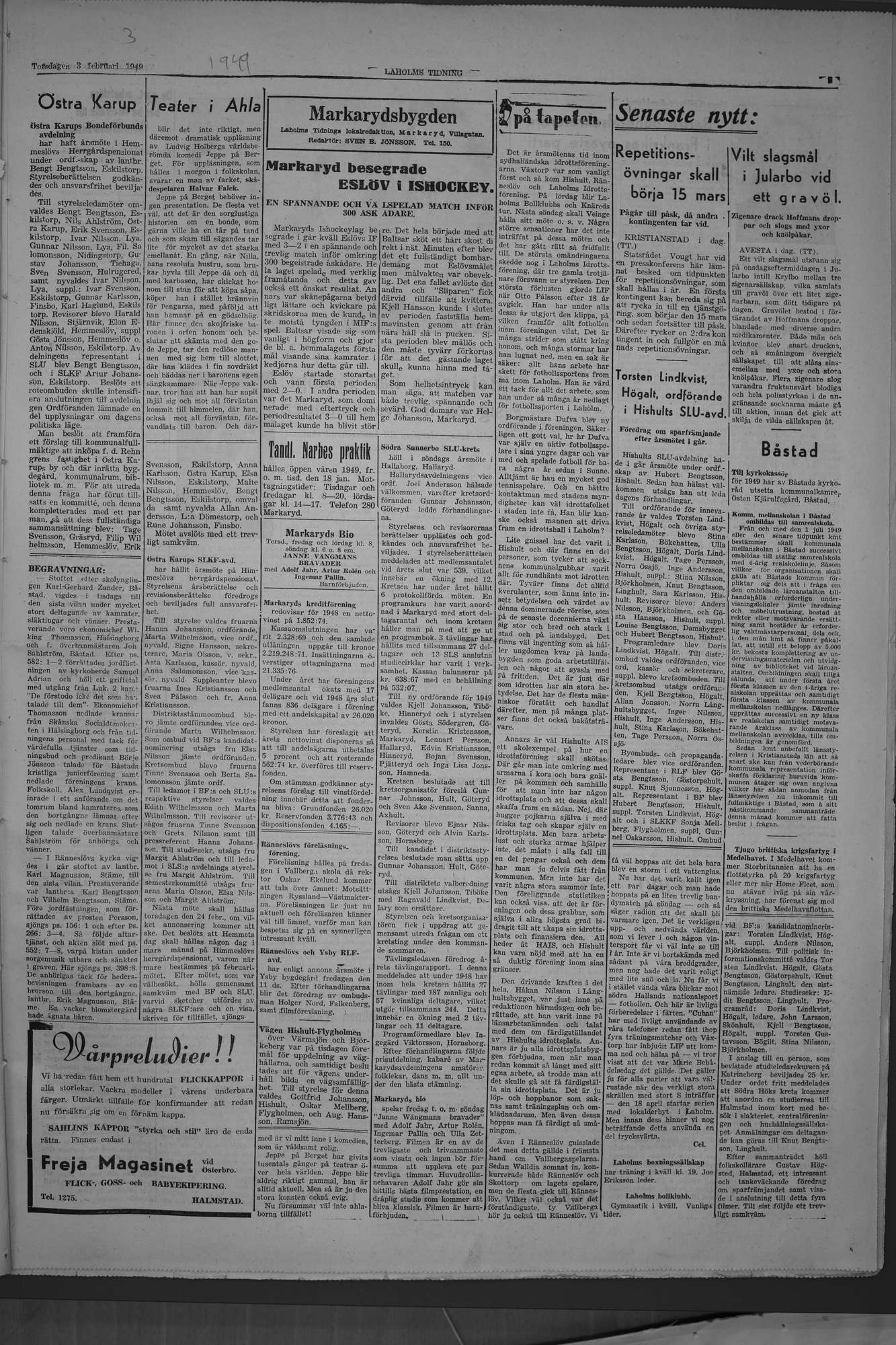 Laholms Tidning Torsdag 3 februari 1949, sida 3