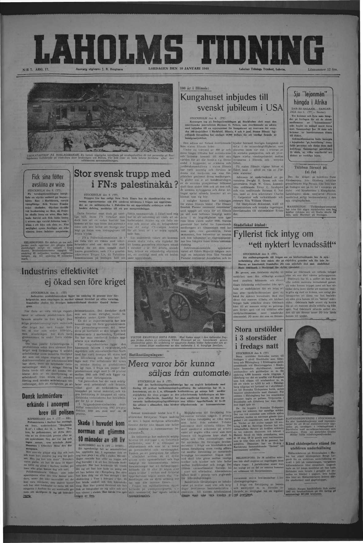 Laholms Tidning Lördag 10 januari 1948, sida 1