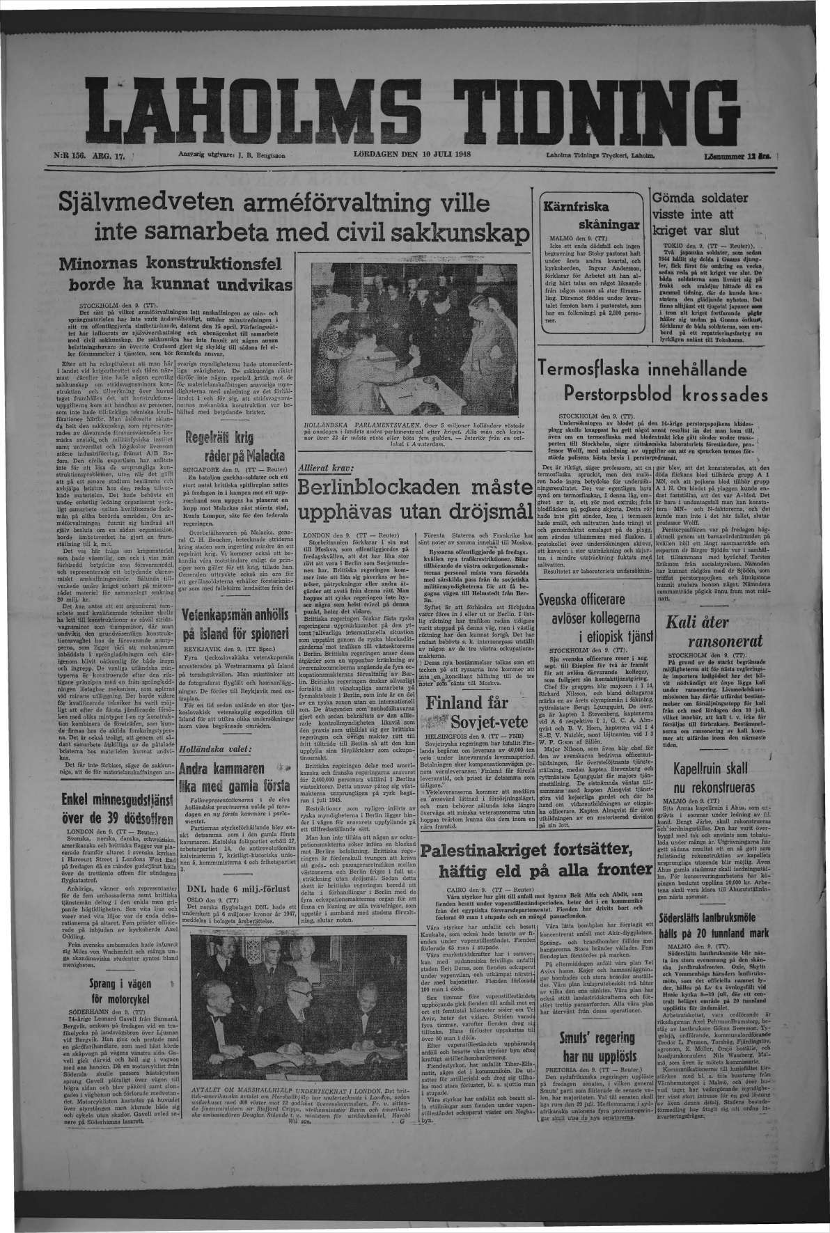 Laholms Tidning Lördag 10 juli 1948, sida 1