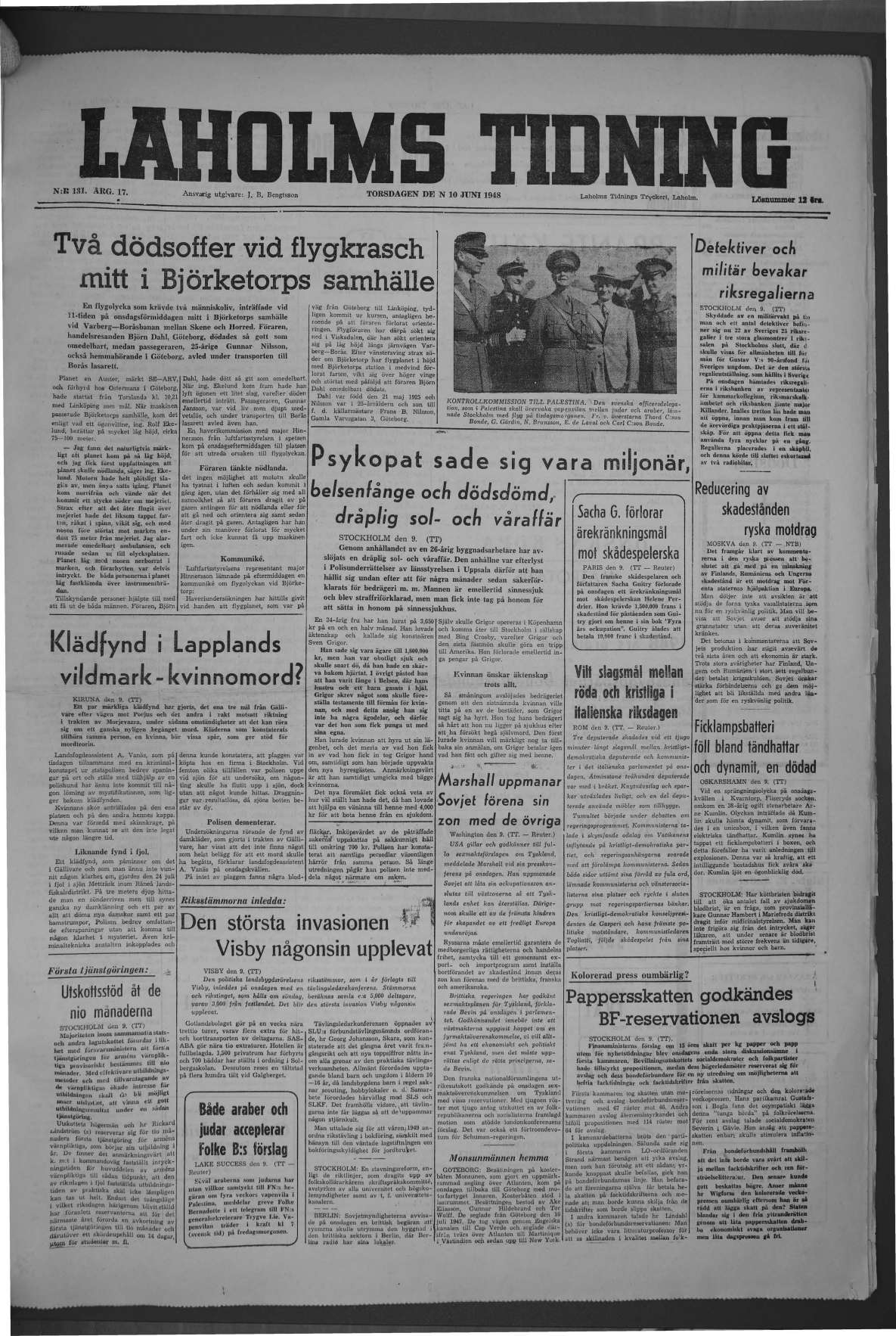 Laholms Tidning Torsdag 10 juni 1948, sida 1