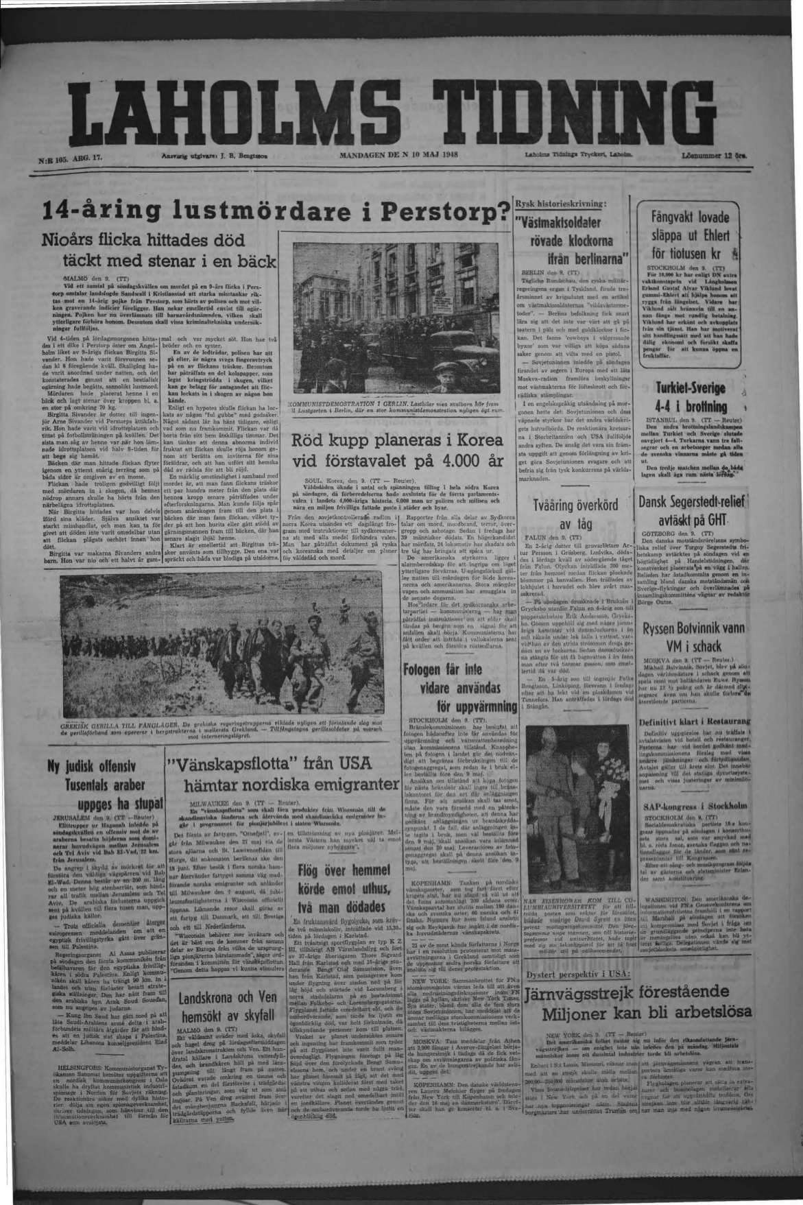 Laholms Tidning Måndag 10 maj 1948, sida 1