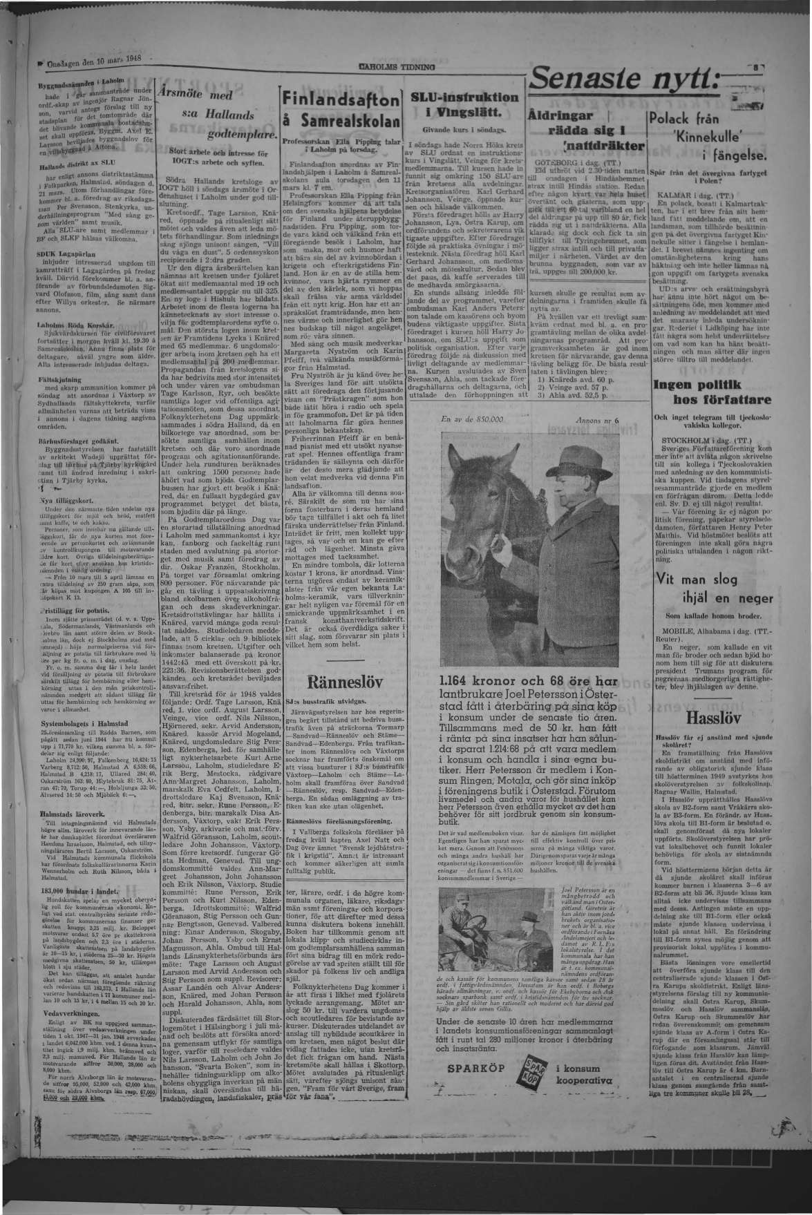 Laholms Tidning Onsdag 10 mars 1948, sida 3