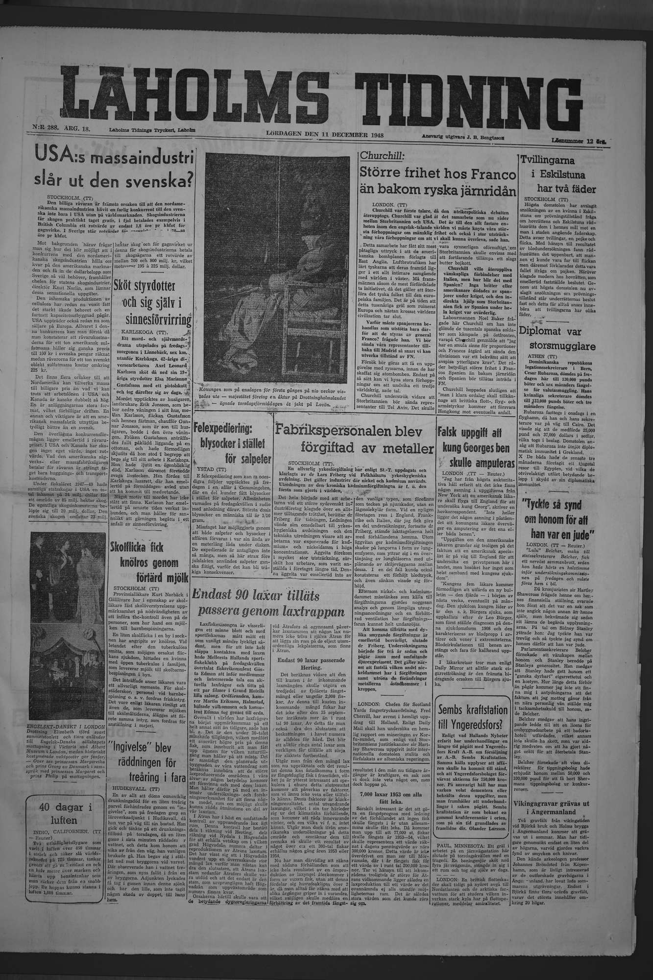 Laholms Tidning Lördag 11 december 1948, sida 1