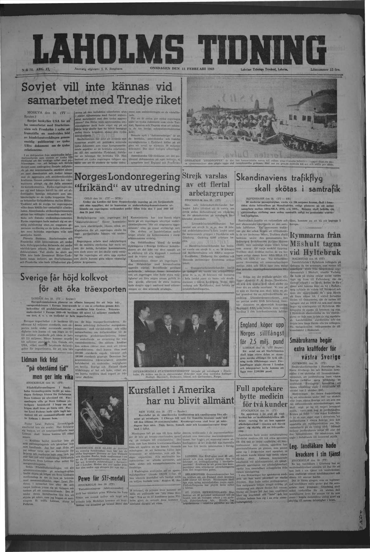Laholms Tidning Onsdag 11 februari 1948, sida 1