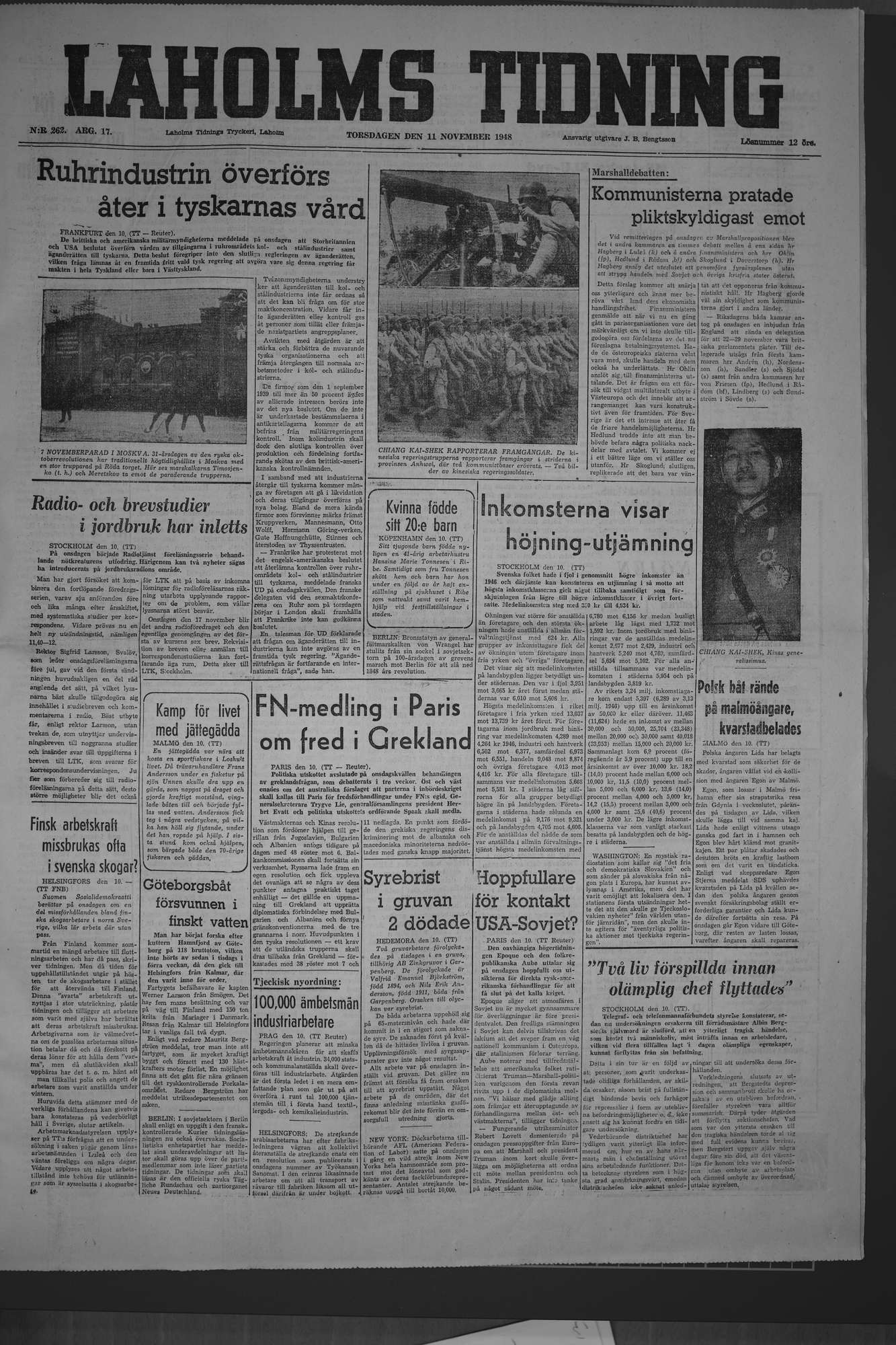 Laholms Tidning Torsdag 11 november 1948, sida 1