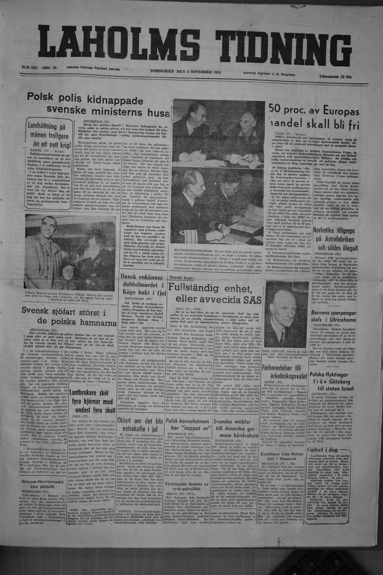 Laholms Tidning Torsdag 3 november 1949, sida 1