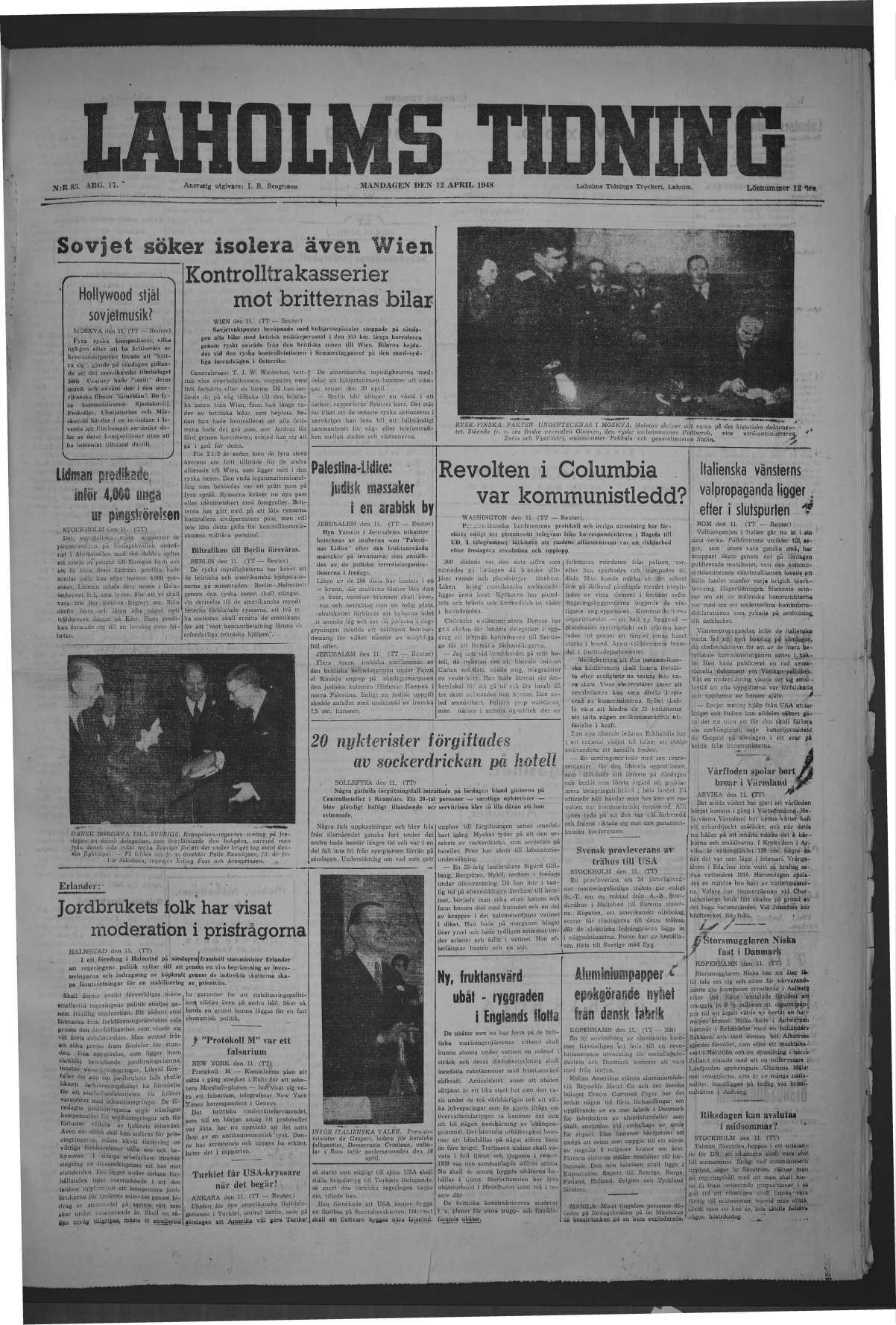 Laholms Tidning Måndag 12 april 1948, sida 1