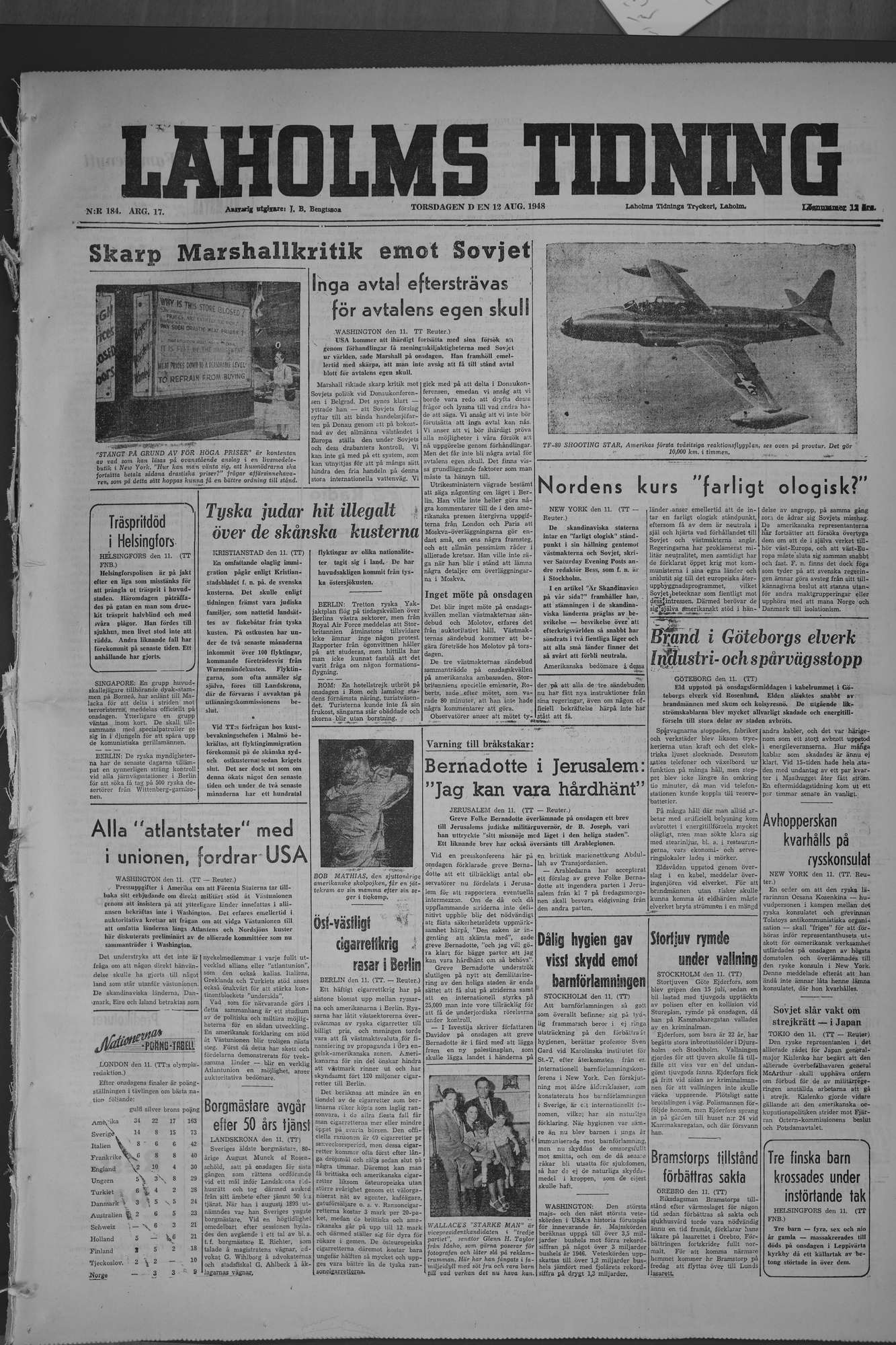 Laholms Tidning Torsdag 12 augusti 1948, sida 1