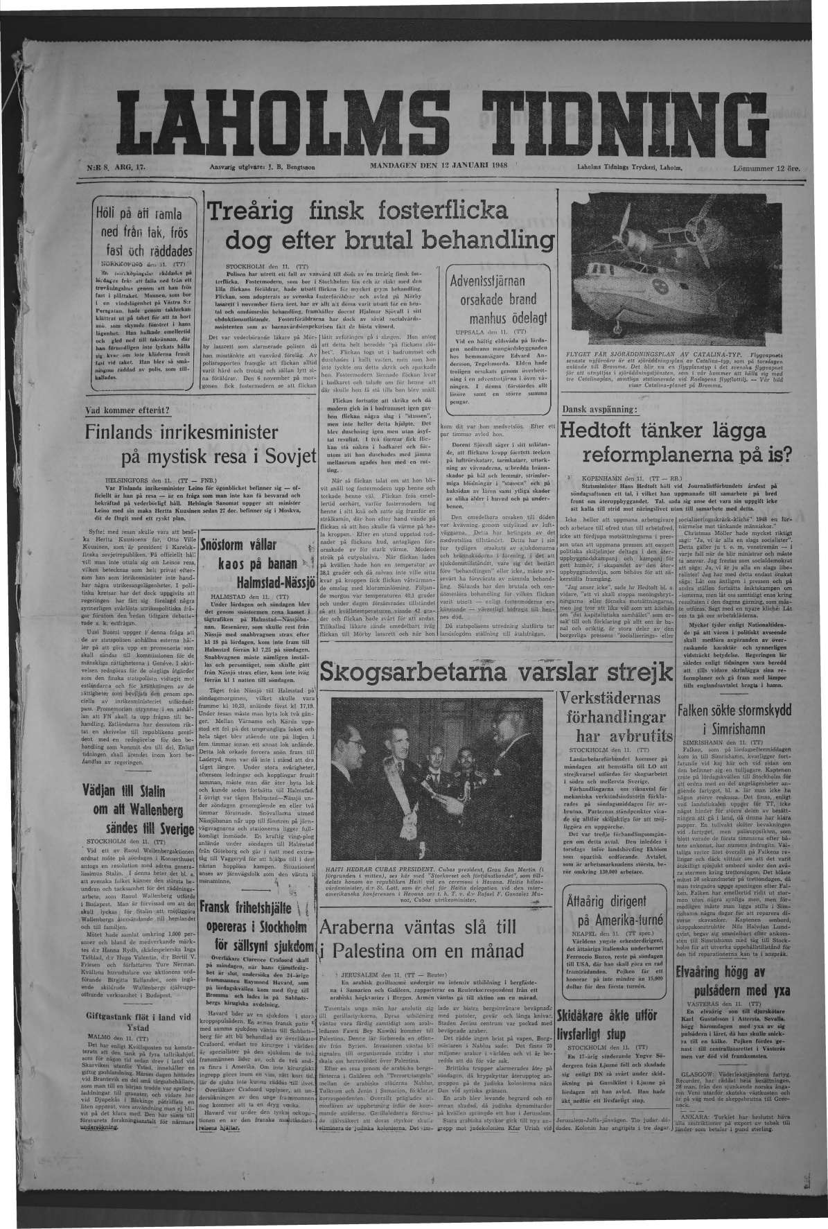 Laholms Tidning Måndag 12 januari 1948, sida 1