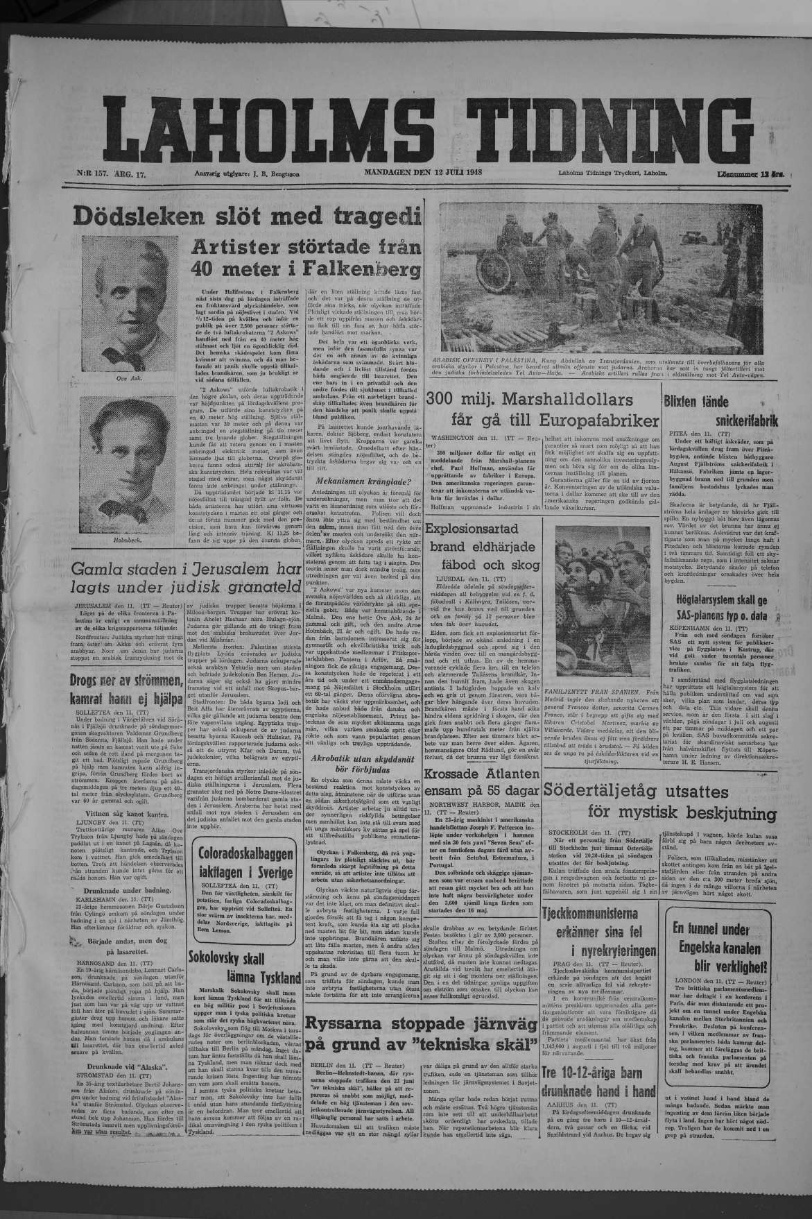 Laholms Tidning Måndag 12 juli 1948, sida 1