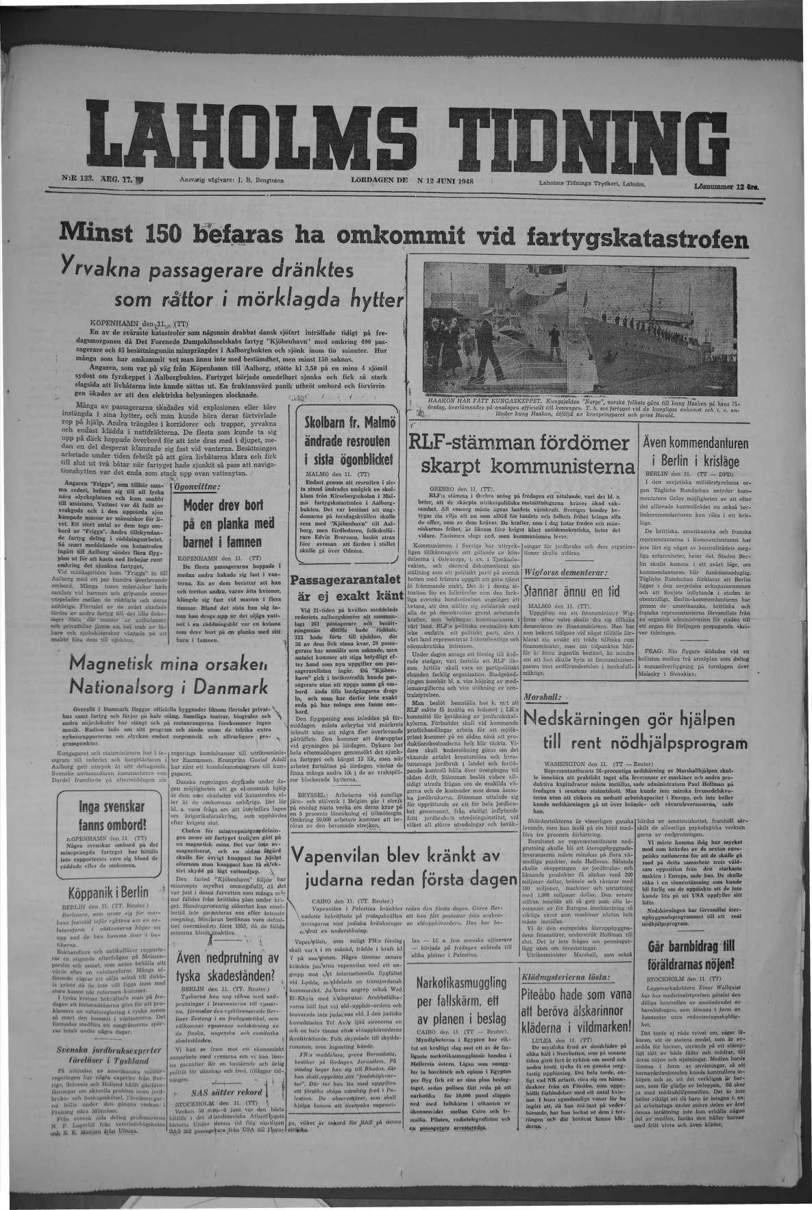 Laholms Tidning Lördag 12 juni 1948, sida 1