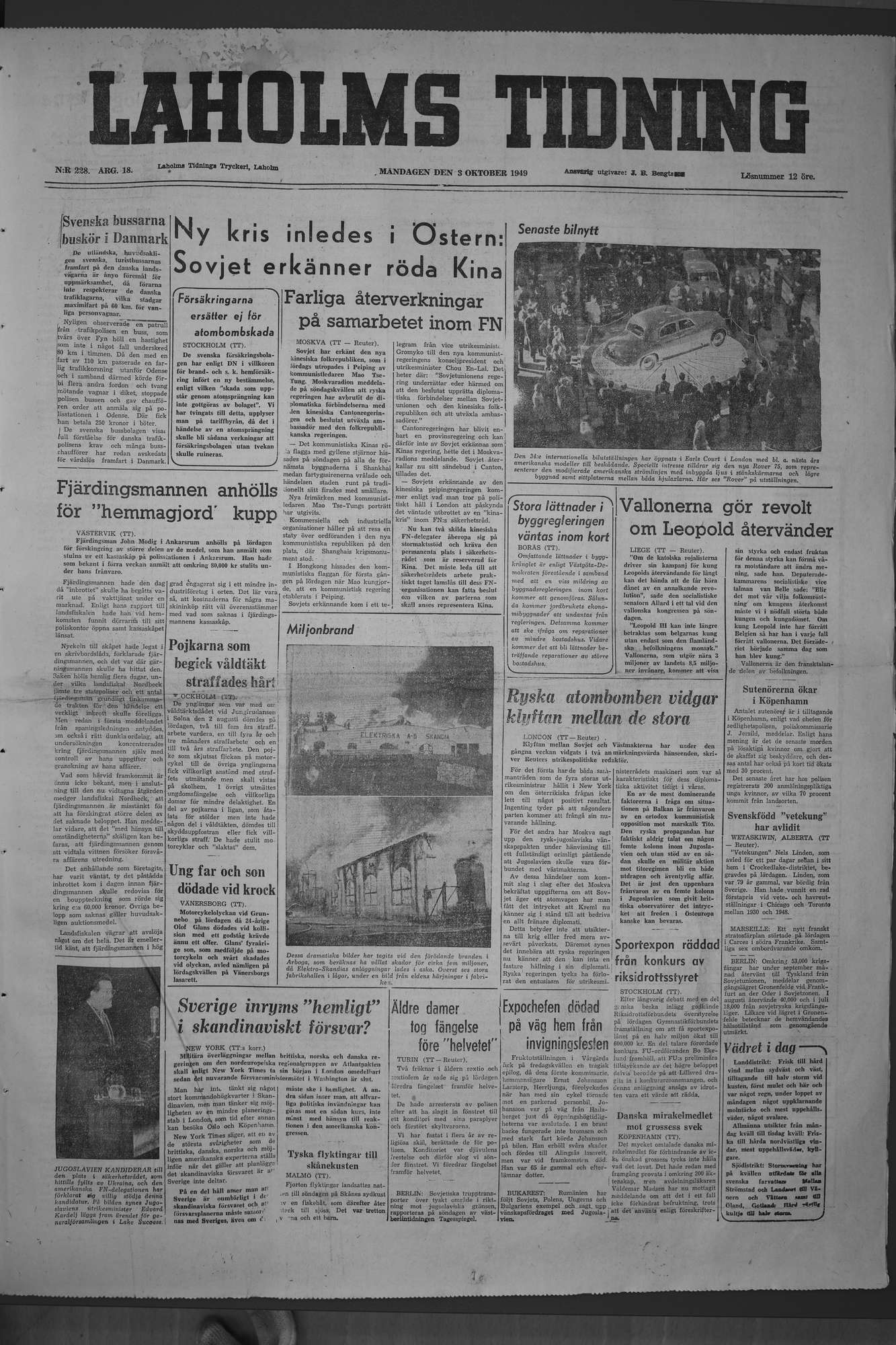 Laholms Tidning Måndag 3 oktober 1949, sida 1