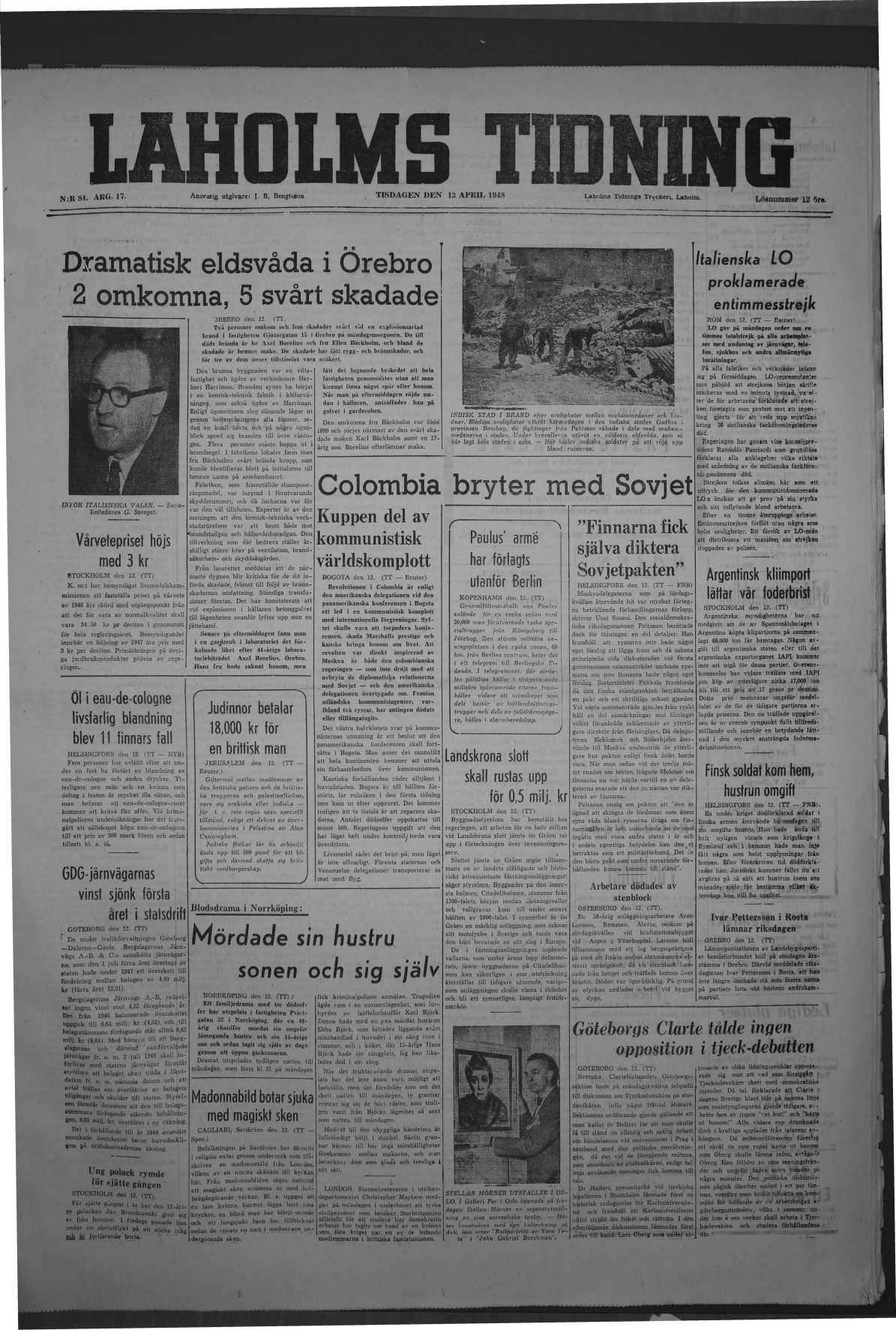 Laholms Tidning Tisdag 13 april 1948, sida 1