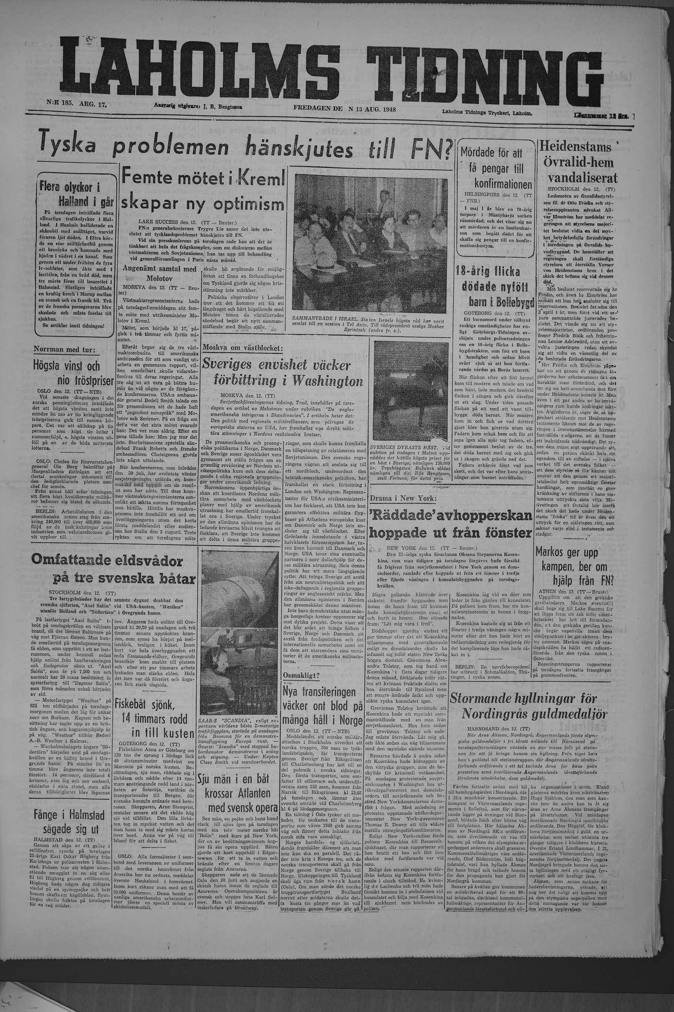 Laholms Tidning Fredag 13 augusti 1948, sida 1