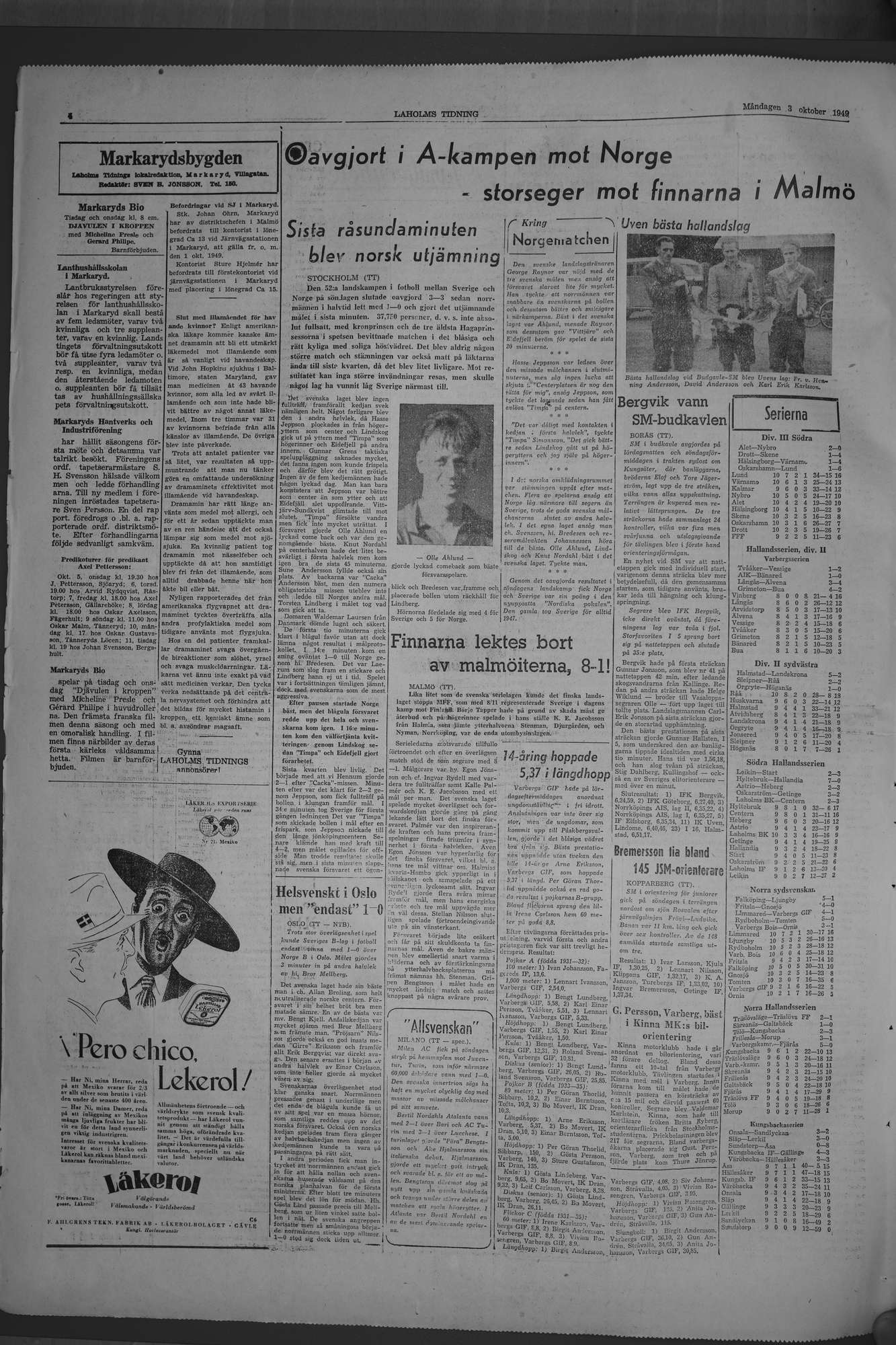 Laholms Tidning Måndag 3 oktober 1949, sida 4