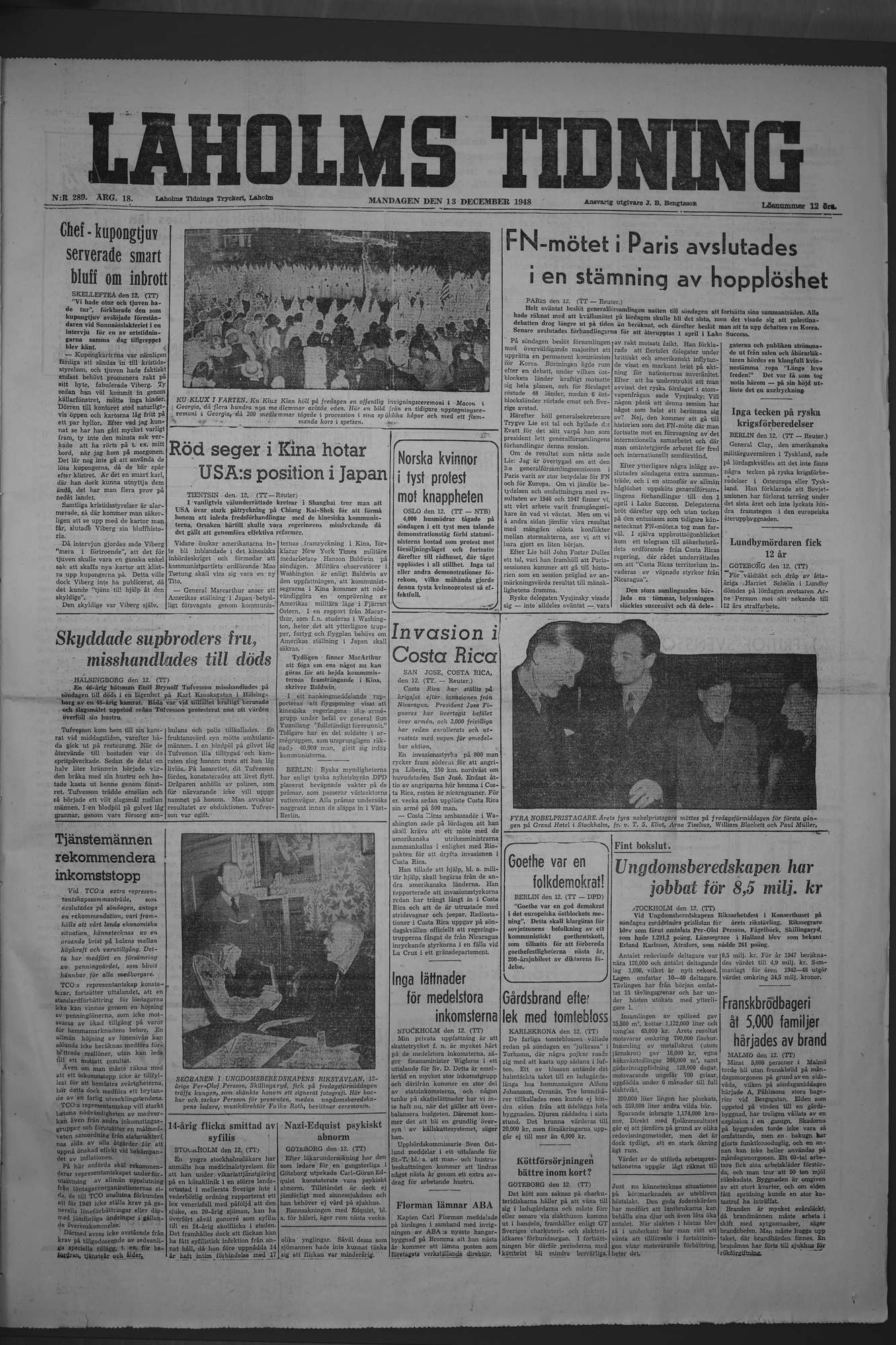 Laholms Tidning Måndag 13 december 1948, sida 1